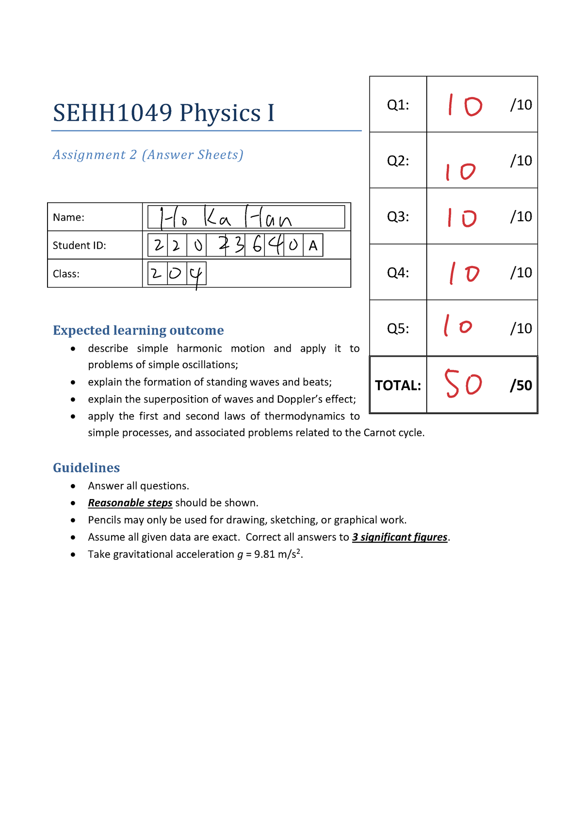 SEHH1049 Assignment 2 Answer Sheets (2) - SEHH1049 Physics I Assignment ...