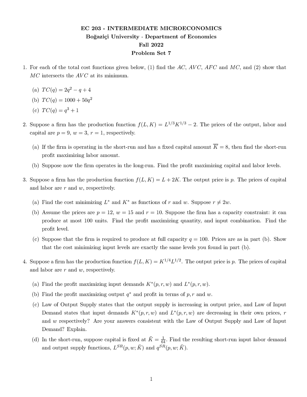 EC203 - Problem Set 7 - EC 203 - INTERMEDIATE MICROECONOMICS Bo ̆gazi ...