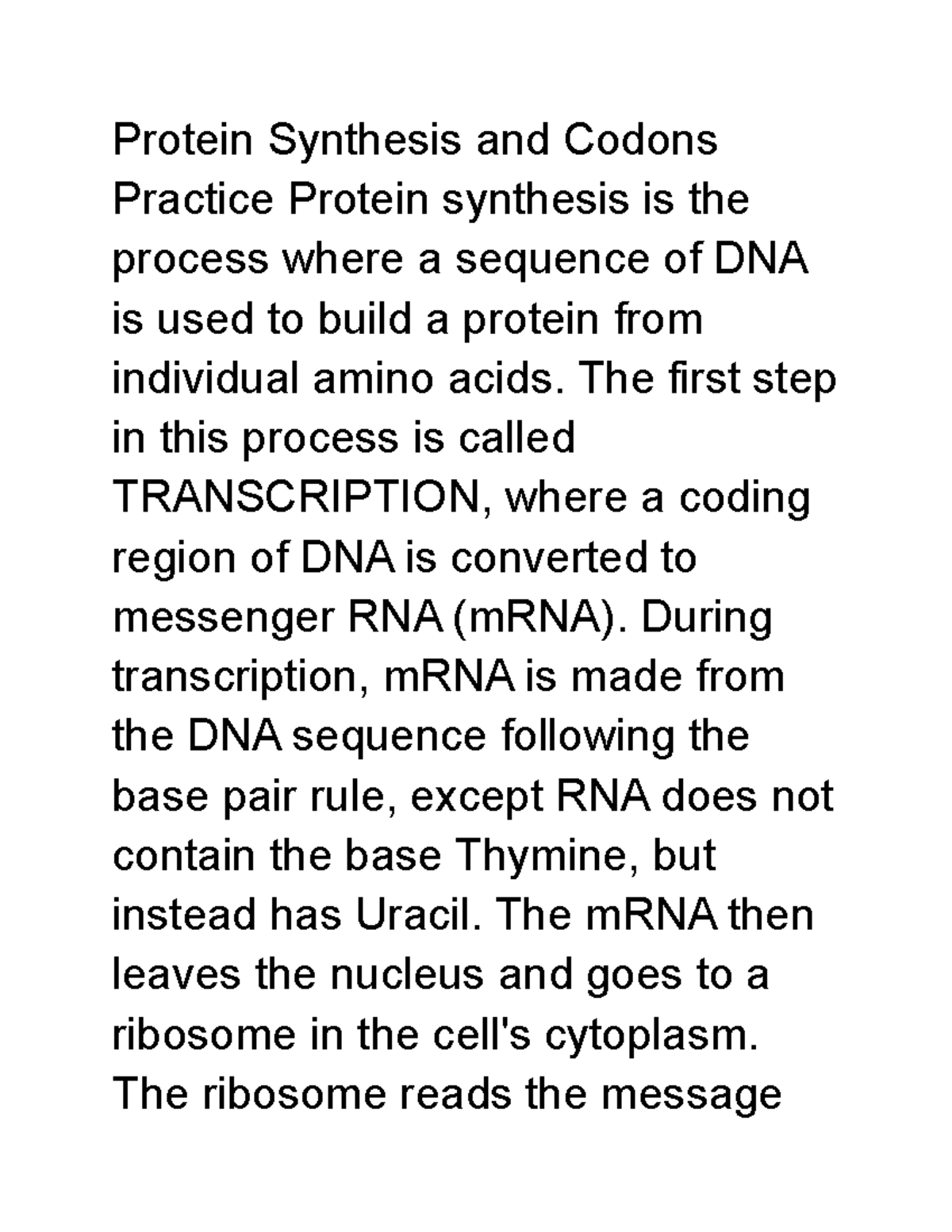 notes!!!!!!!!!!!!!!! Protein Synthesis and Codons Practice Protein