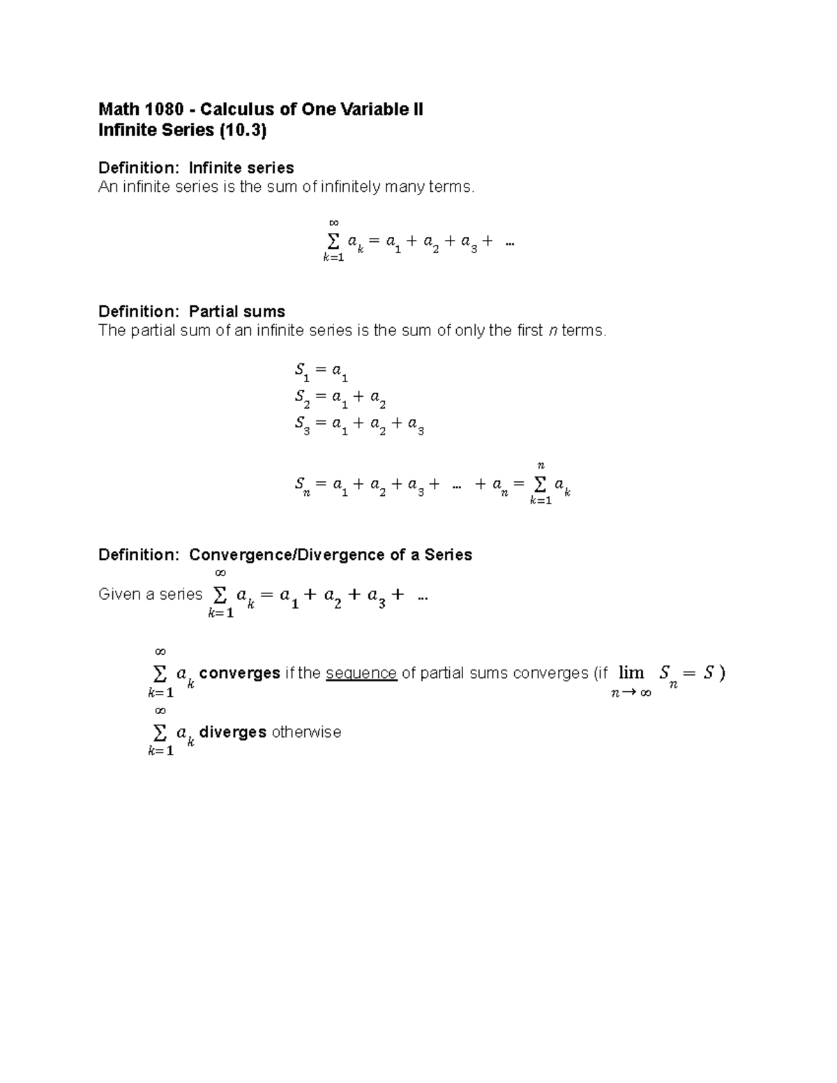 Section 10 - Notes - Math 1080 Calculus of One Variable II Infinite ...
