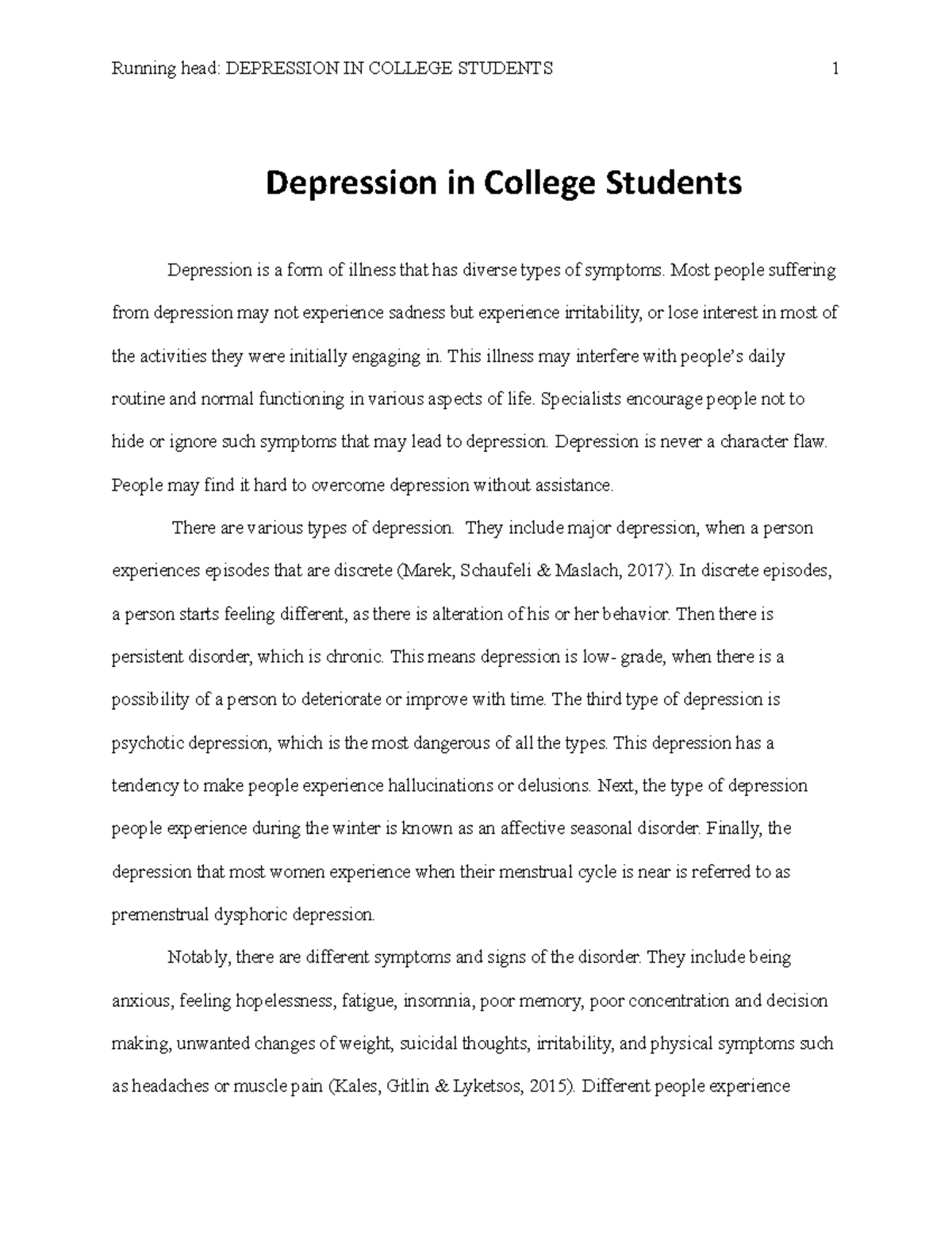 thesis statement about depression in college students