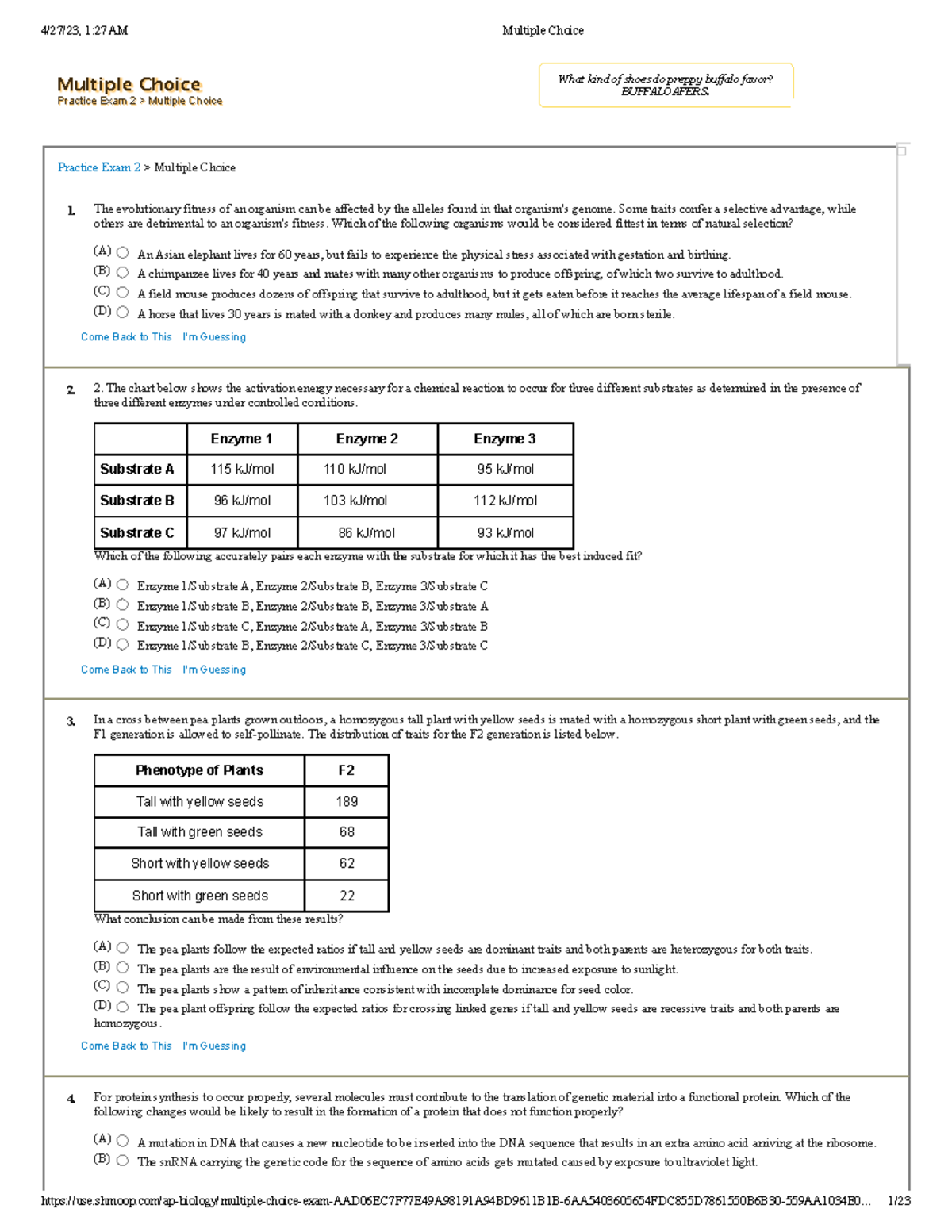 Multiple Choice AP Biology - Practice 2 - © 2023 Shmoop University, Inc. All rights reserved. We ...