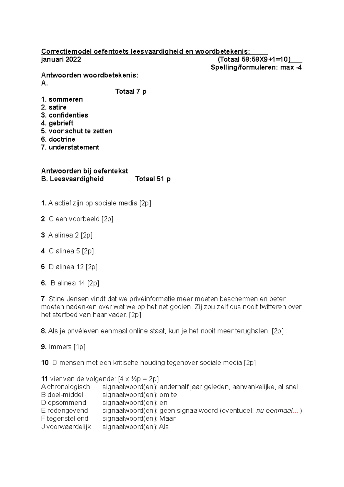 Oefentoets Leesvaardigheid A5 21 22 Antwoorden - Correctiemodel ...