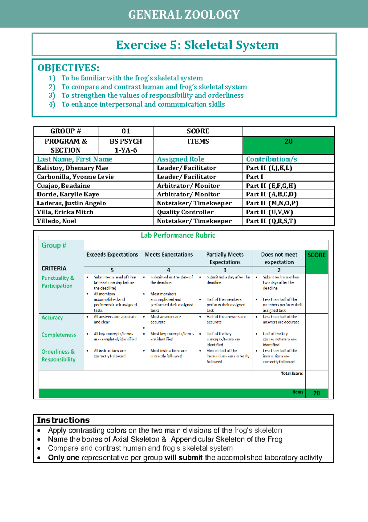GZOO111 - Lab Exercise 5 Skeletal System - GENERAL ZOOLOGY Exercise 5 ...