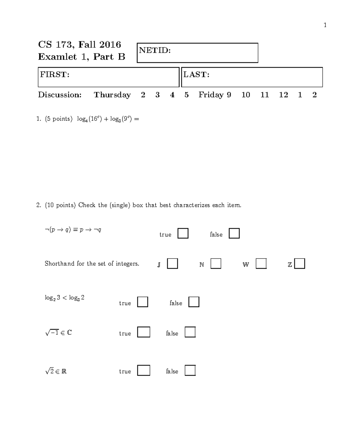 Fall 2016 Examlet 1b - Practice Exam - CS 173, Fall 2016 Examlet 1 ...