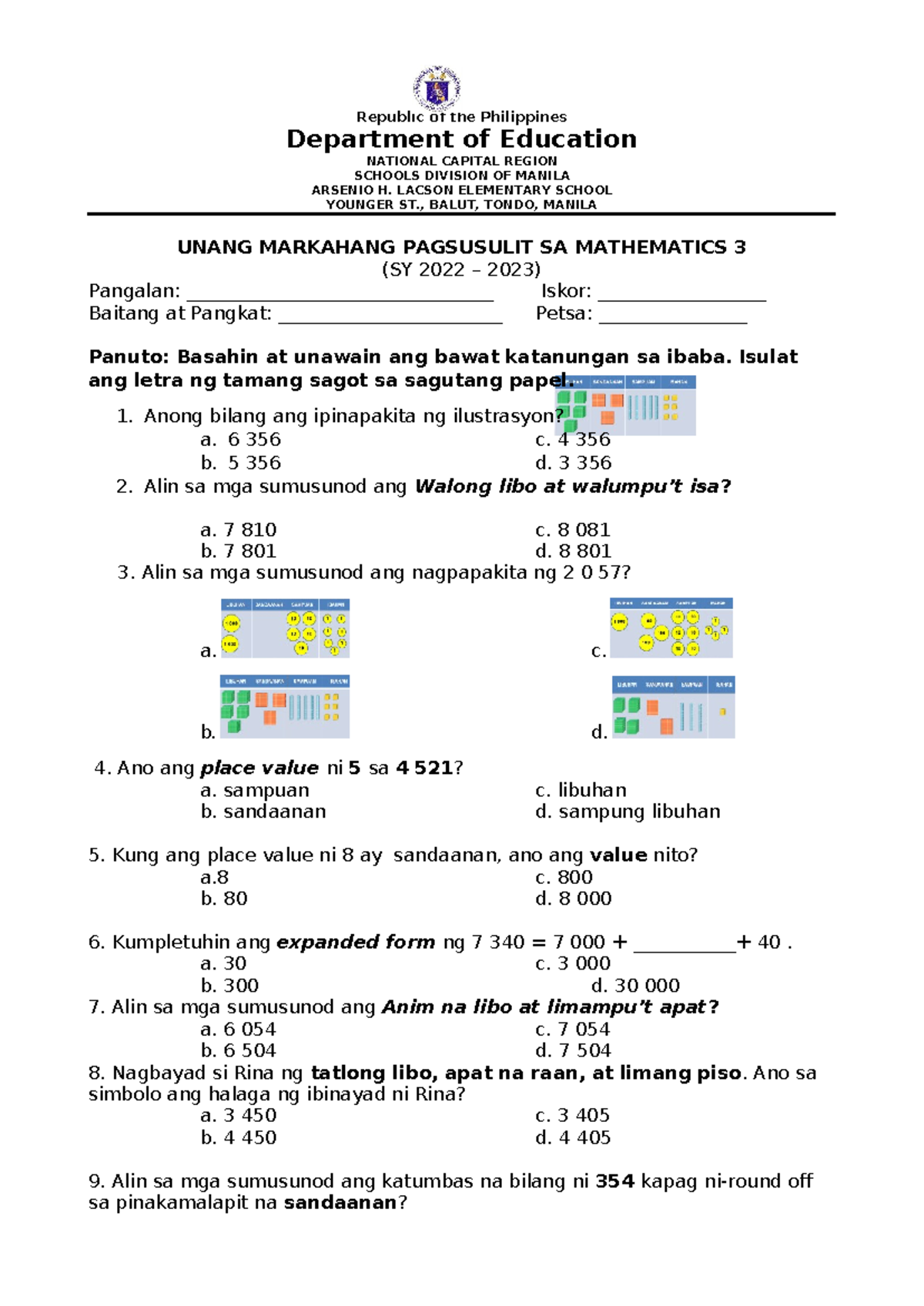 1st-Periodic-Test-in-Math 3 - Republic of the Philippines Department of ...