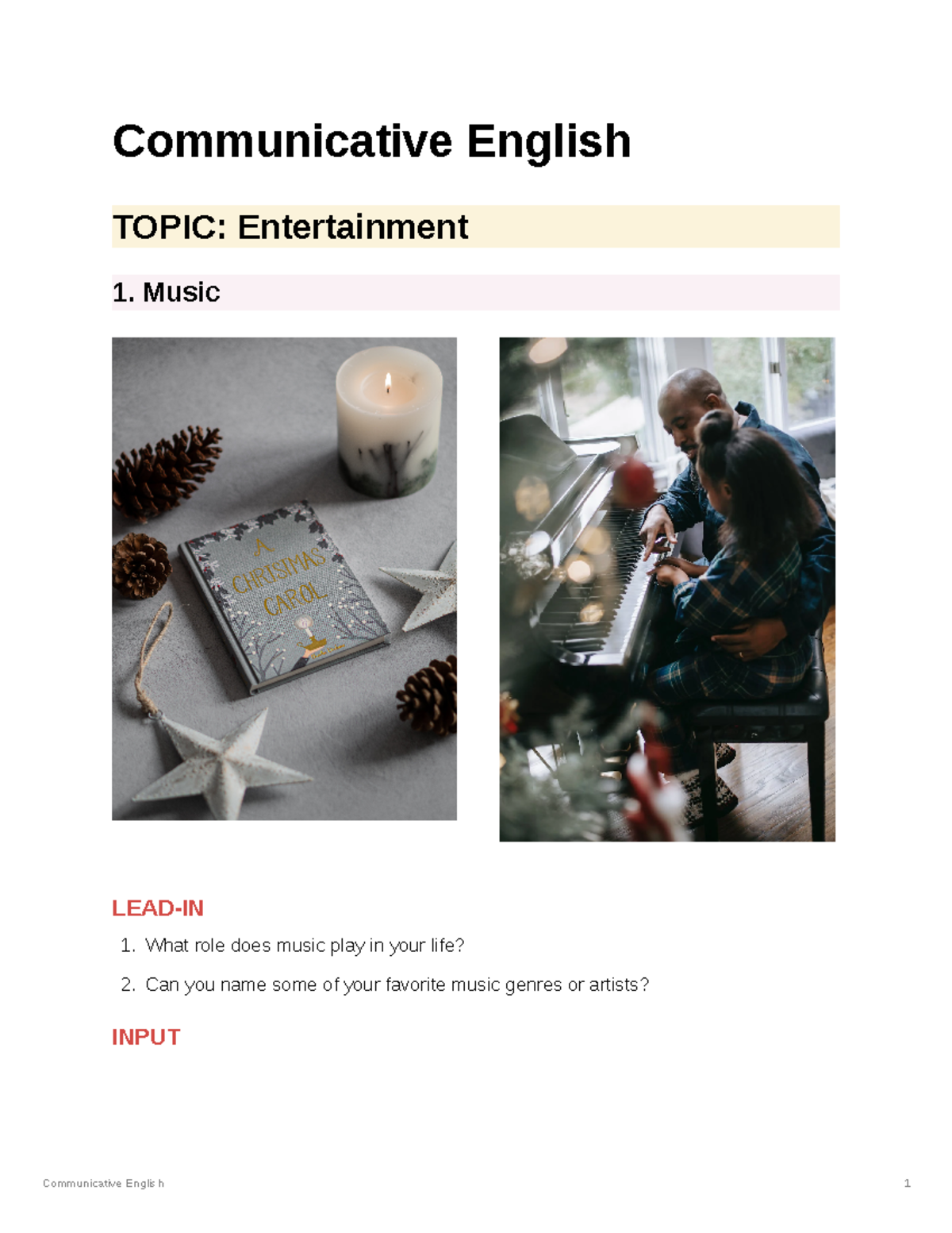 Topic Entertainment Communicative Communicative English TOPIC