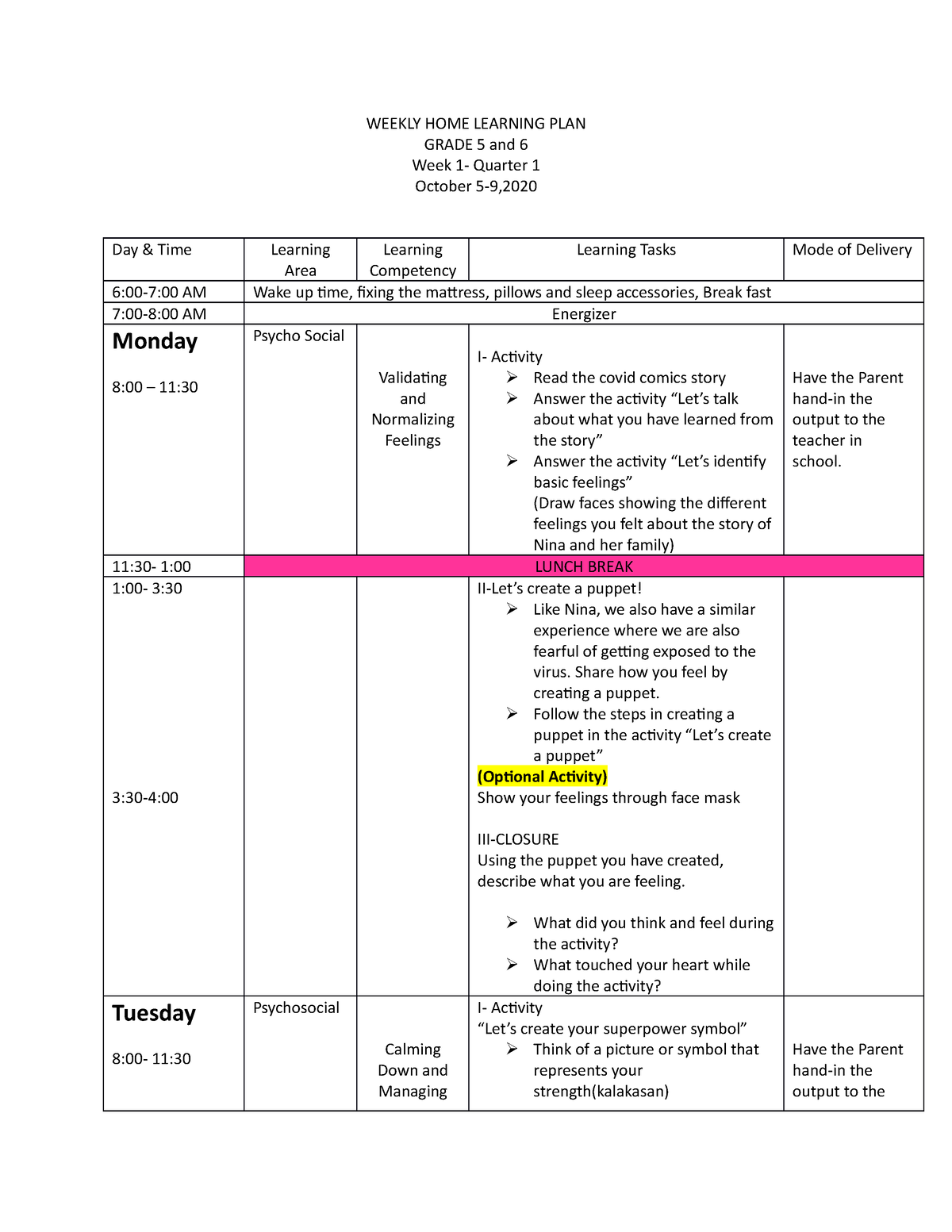 grade 5 weekly home learning plan professional education um studocu