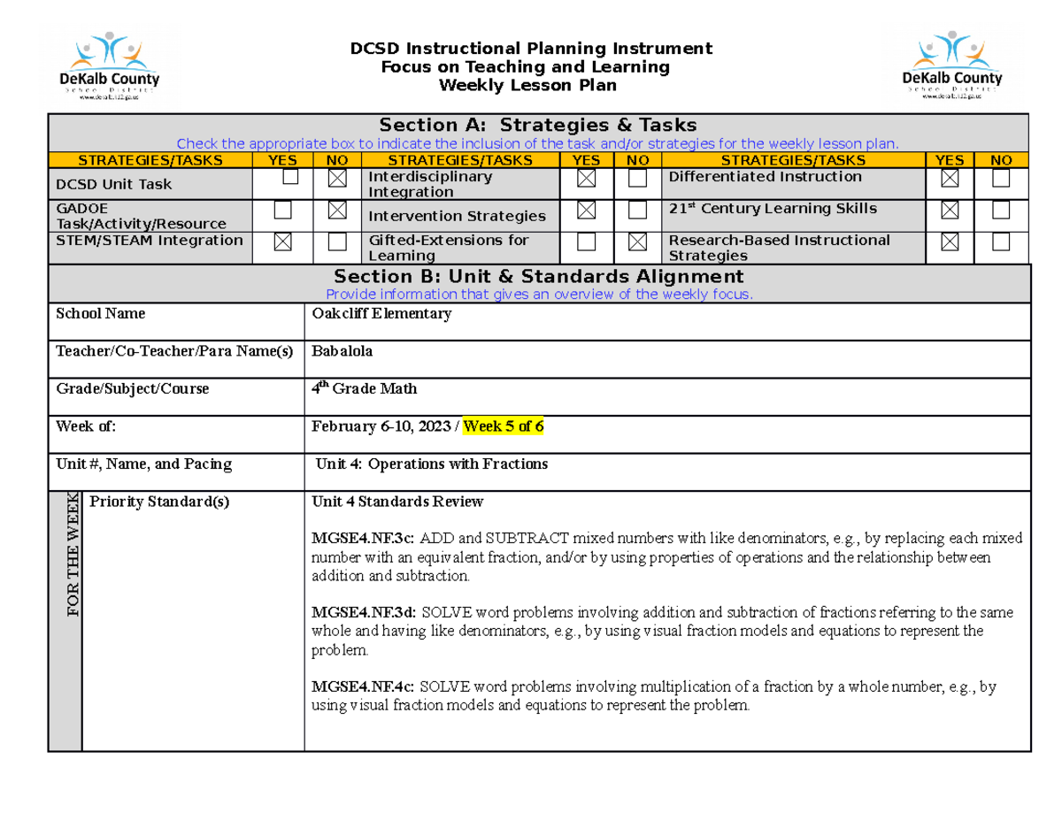 Math LP Feb 6-10, 2023 - Fractions 4th grade - Focus on Teaching and ...
