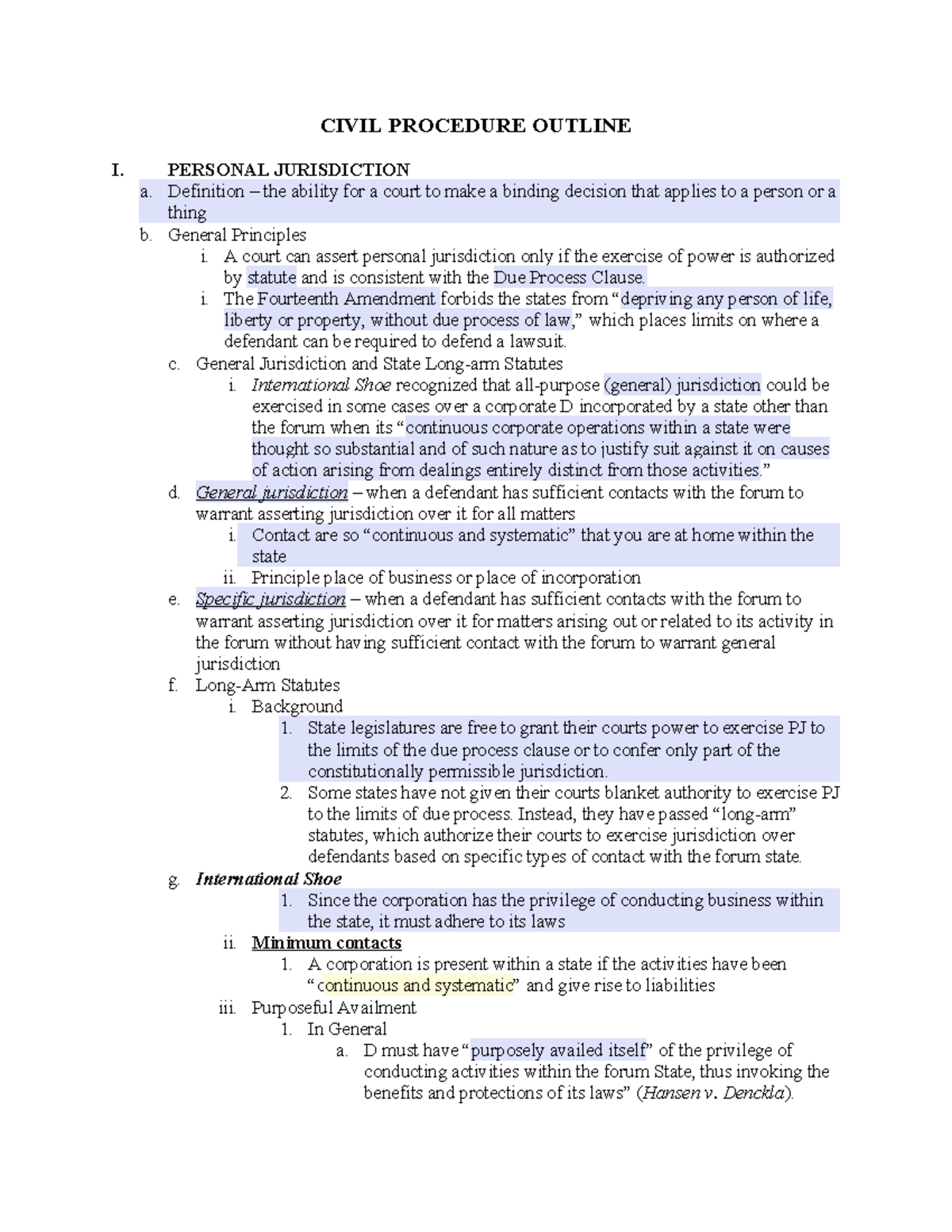 Civil Procedure Outline Condensed - CIVIL PROCEDURE OUTLINE I. PERSONAL ...