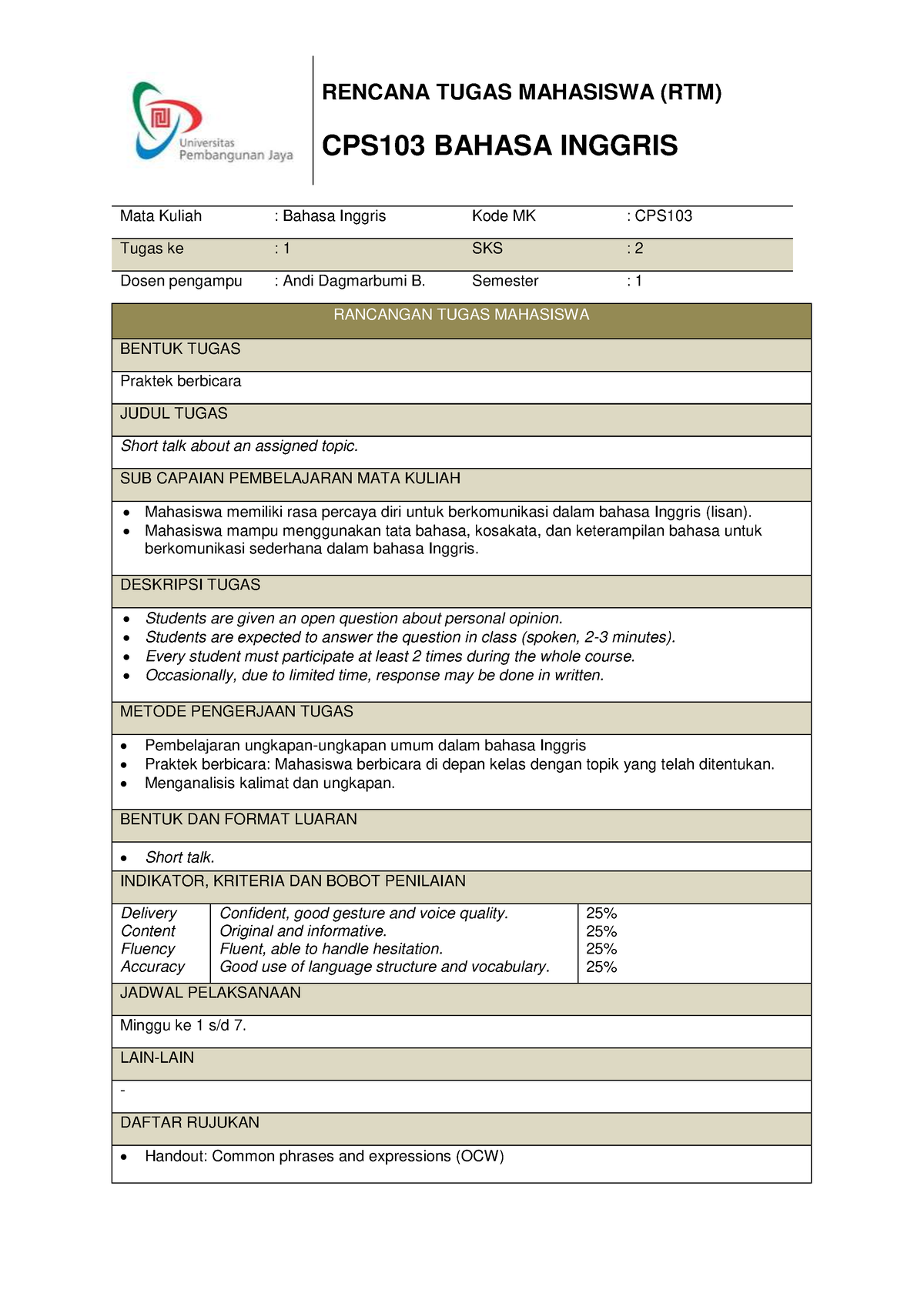 Rubrik Penilaian Cover Letter Cps103 Bahasa Inggris Mata Kuliah Bahasa Inggris Kode Mk Cps