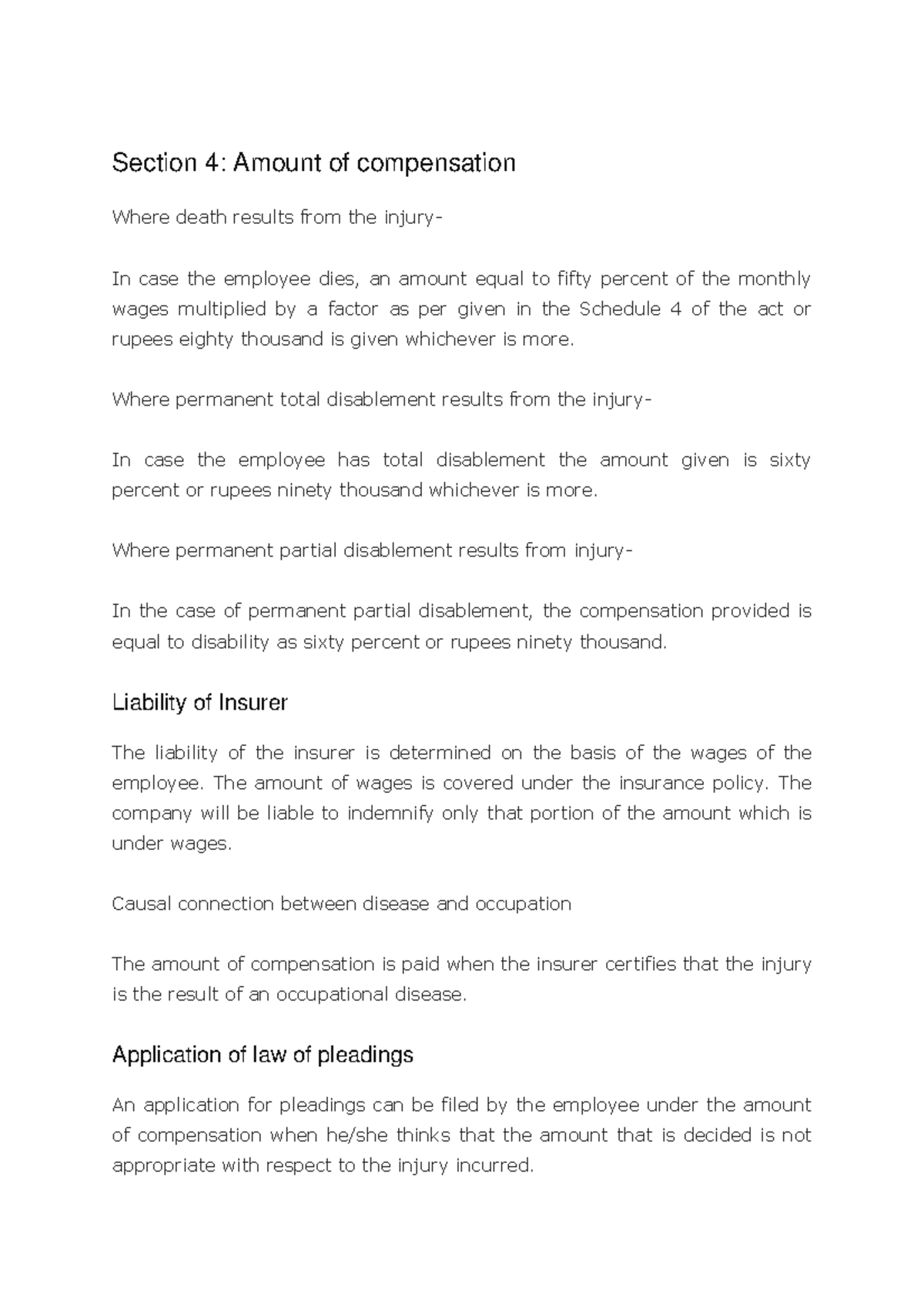 Section 4Employees compensation Act cont Section 4 Amount of