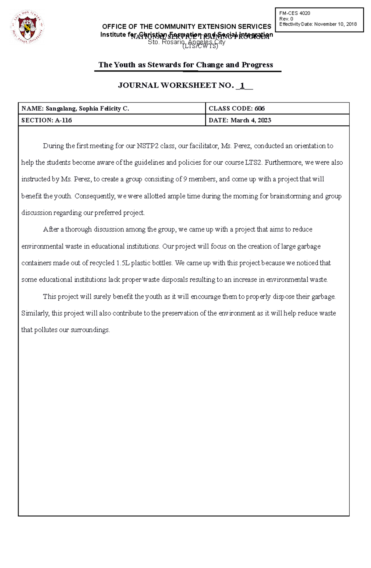 NSTP Journal Worksheet Insights - NATIONAL SERVICE TRAINING PROGRAM ...