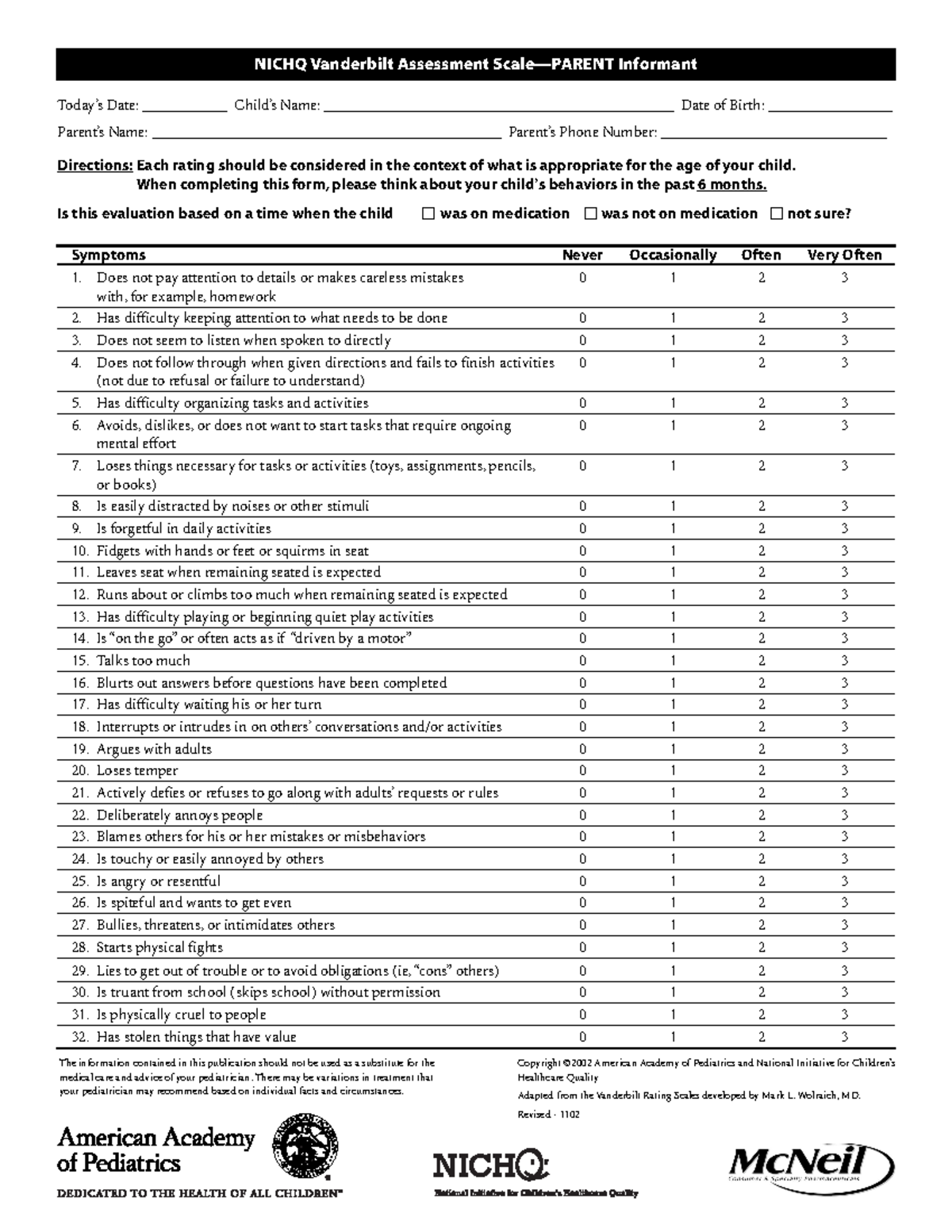 Vanderbilt Assessment Scale Age Range