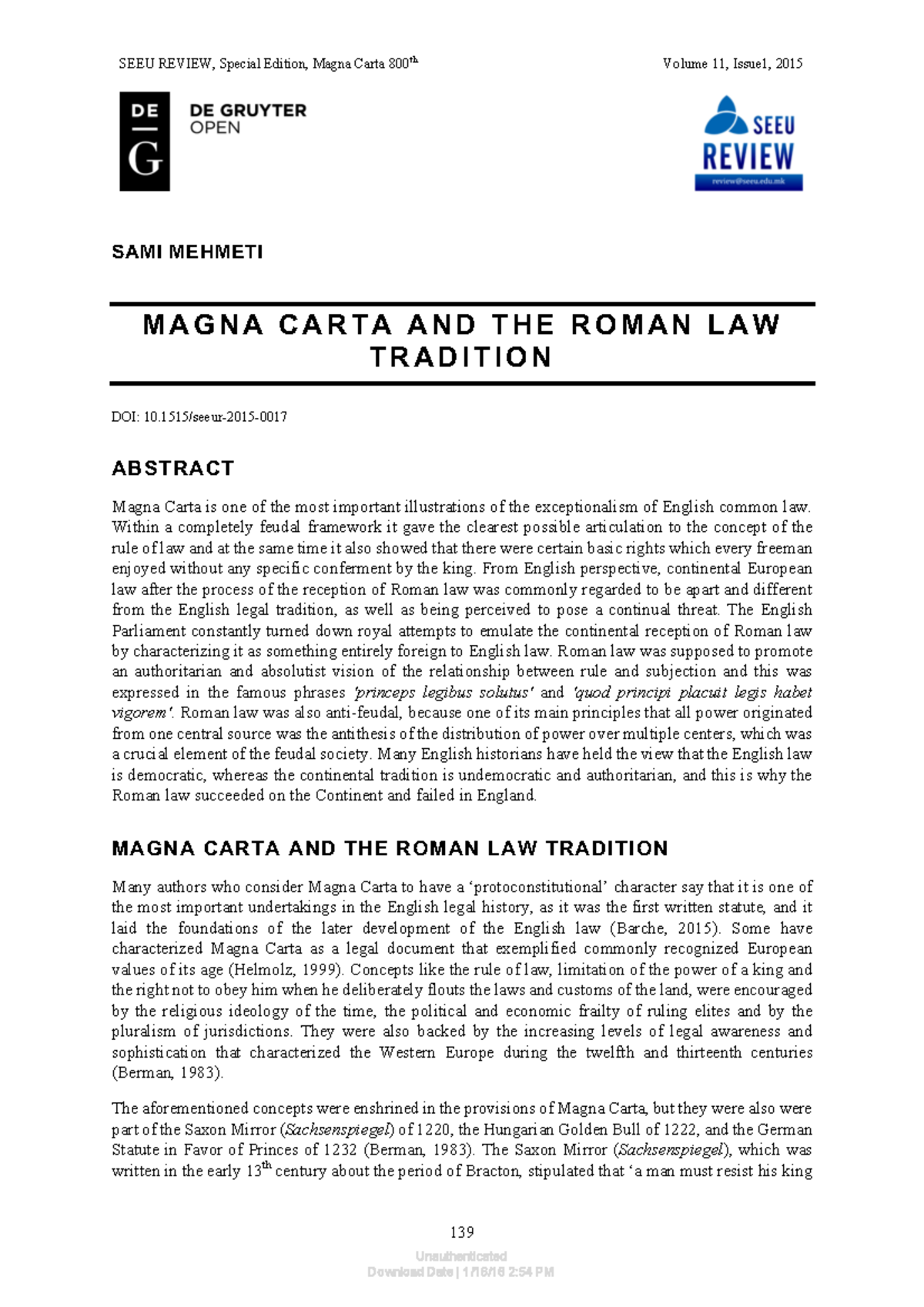 Magna Carta And The Roman Law Tradition - 139 SAMI MEHMETI M A G N A C ...