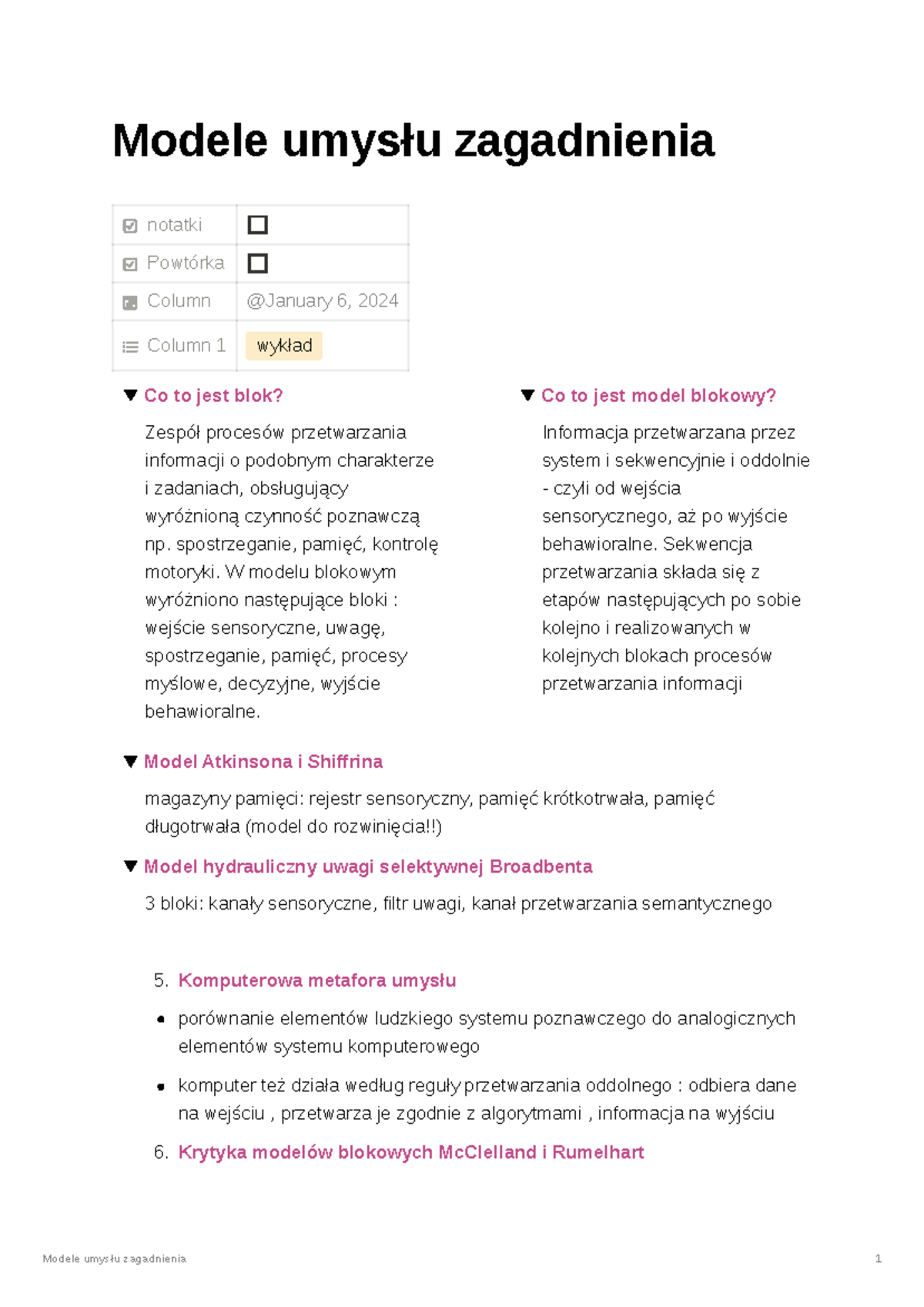 Modele umysłu - Streszczenie Psychologia poznawcza - Modele umysłu ...