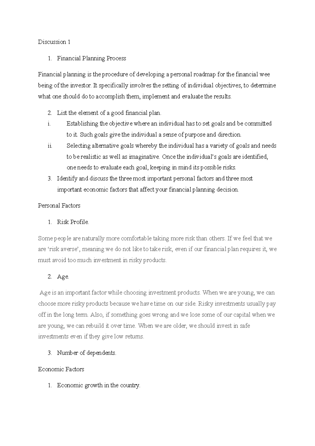 Discussion 1 - Assignment - Discussion 1 Financial Planning Process ...