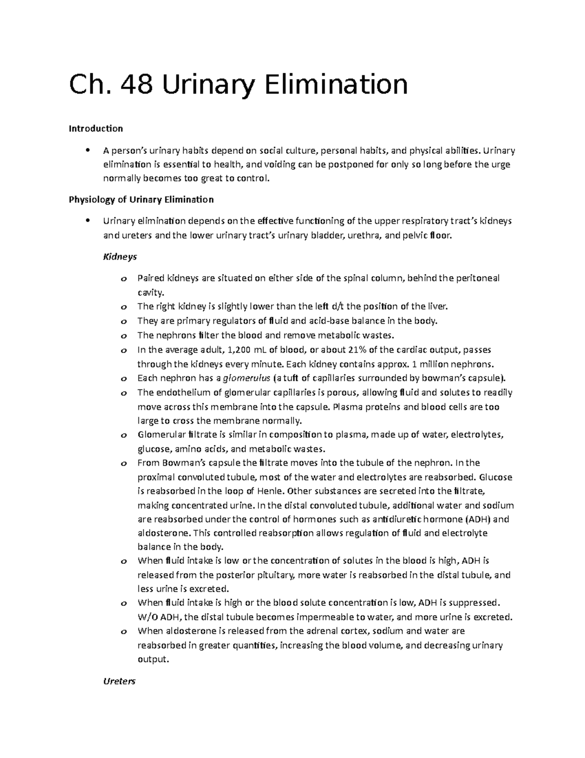 Ch. 48 Urination Study Guide - Ch. 48 Urinary Elimination Introduction ...