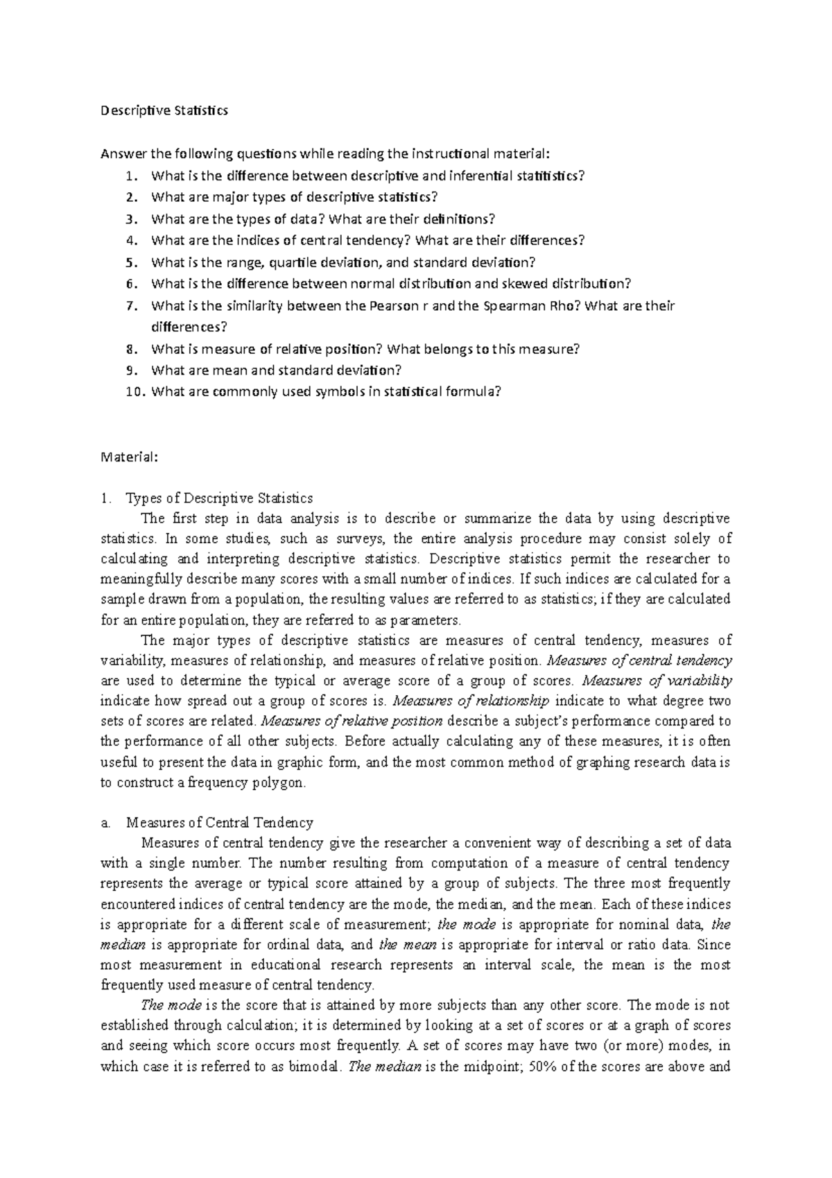 12.Descriptive Statistics - Descriptive Statistics Answer the following ...