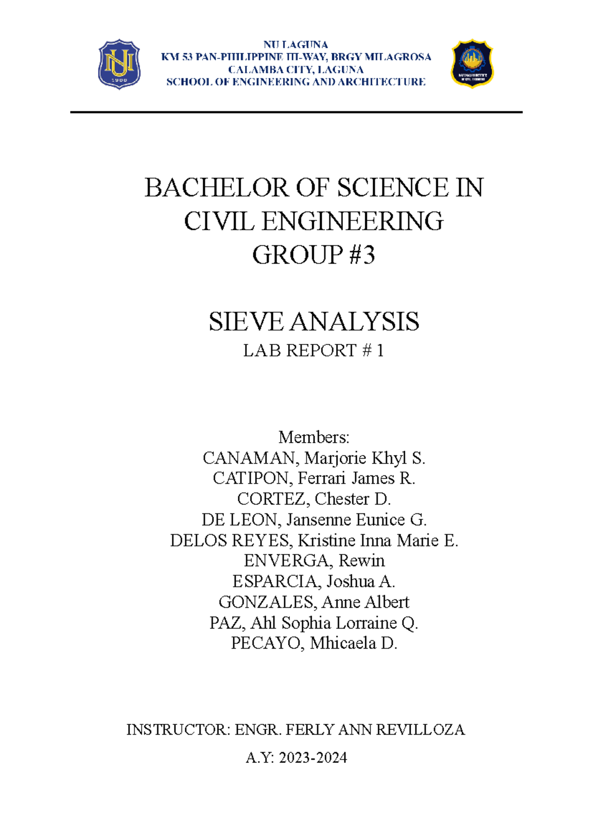 GRP3 Sieve Analysis LAB Report BACHELOR OF SCIENCE IN CIVIL