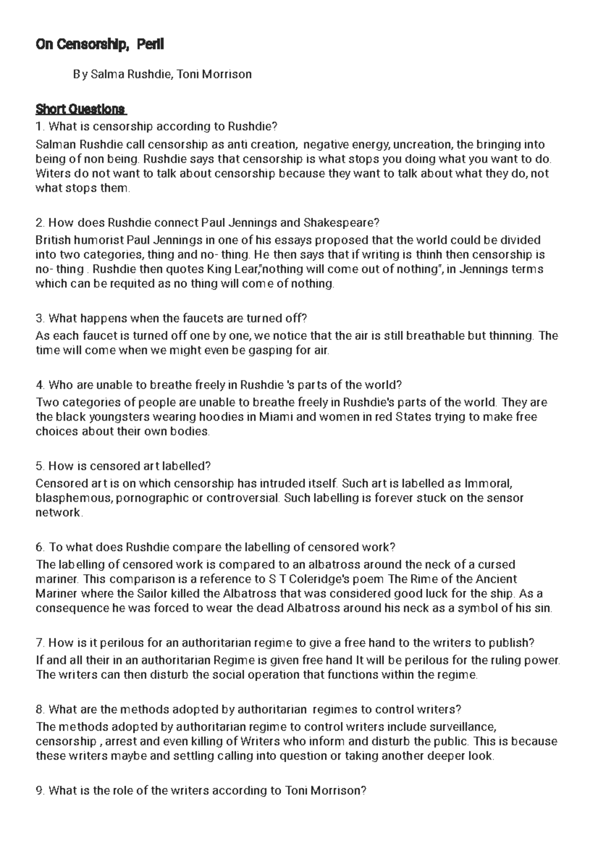 Peril 2nd sem portion english notes issues that matter On Censorship, Peril By Salma Rushdie