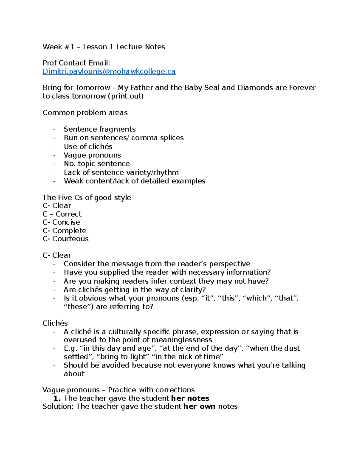 Lecture Notes - Week #1 – Lesson 1 Lecture Notes Prof Contact Email ...