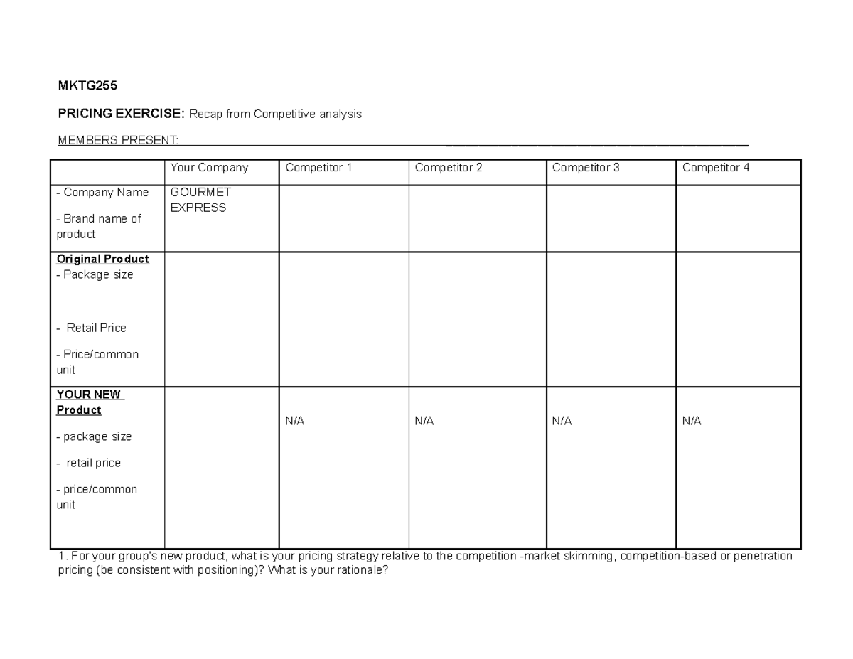 Pricing Exercise - MKTG PRICING EXERCISE: Recap from Competitive ...