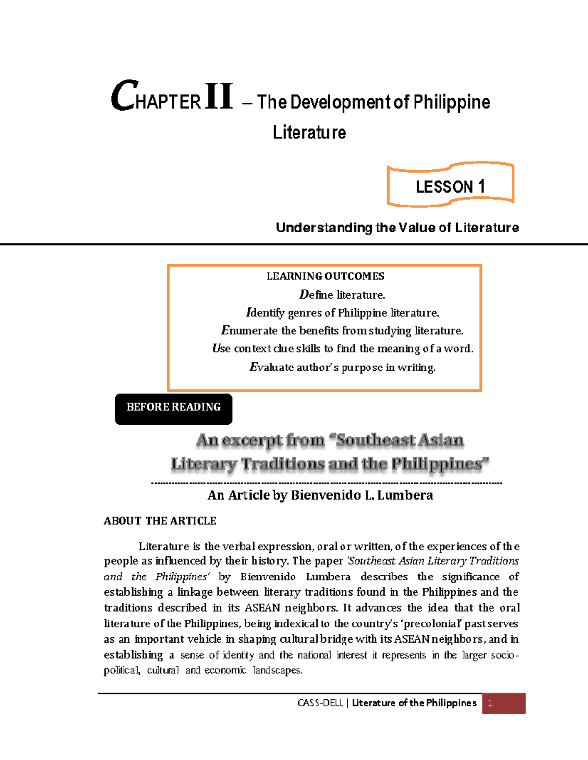 Chapter II Lesson 1 Understanding The Value OF Philippine Literature ...