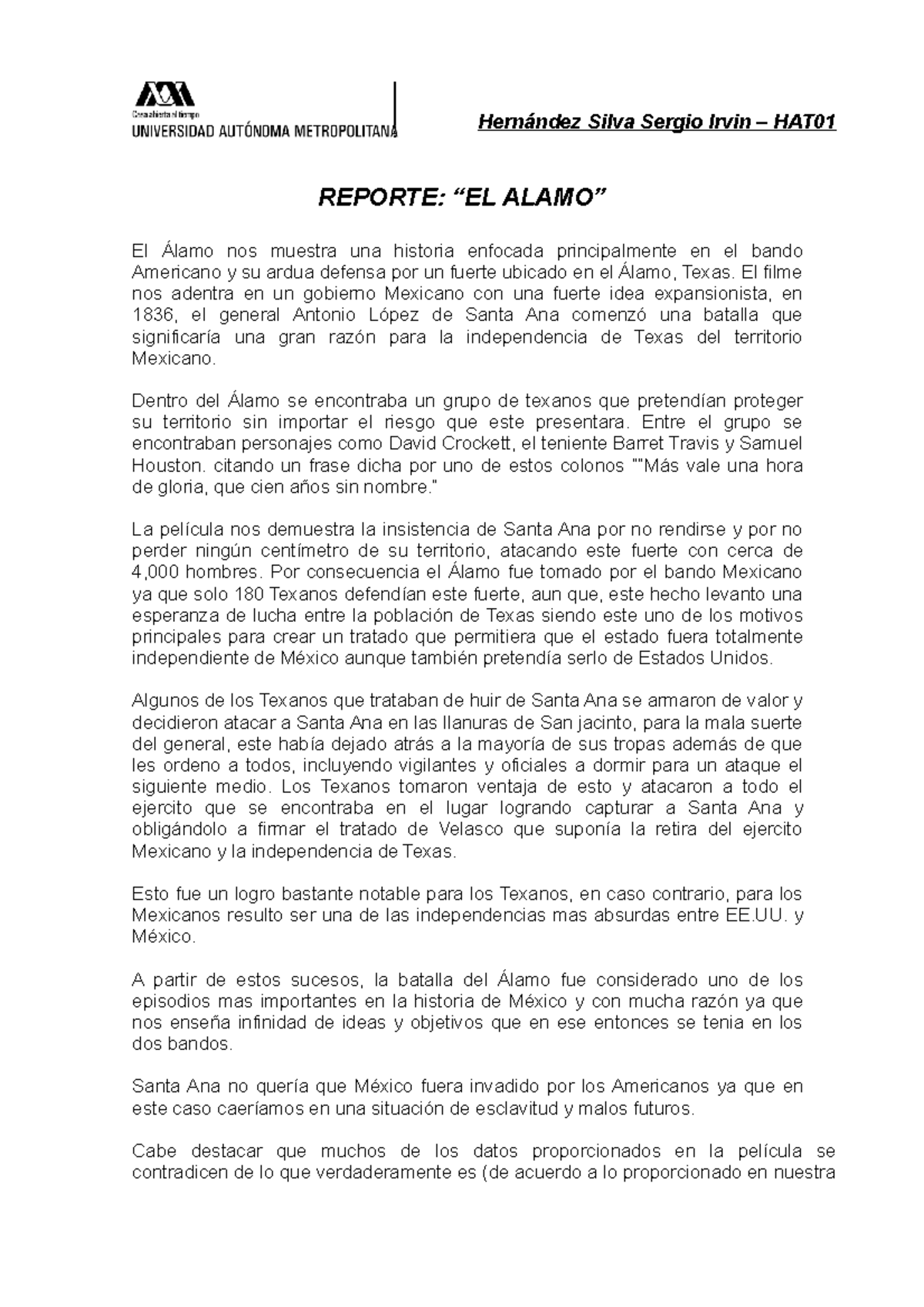 El Alamo Reporte 2 Reporte Sobre El Alamo Silva Sergio Irvin Hat01 Reporte El Nos Muestra Una Studocu