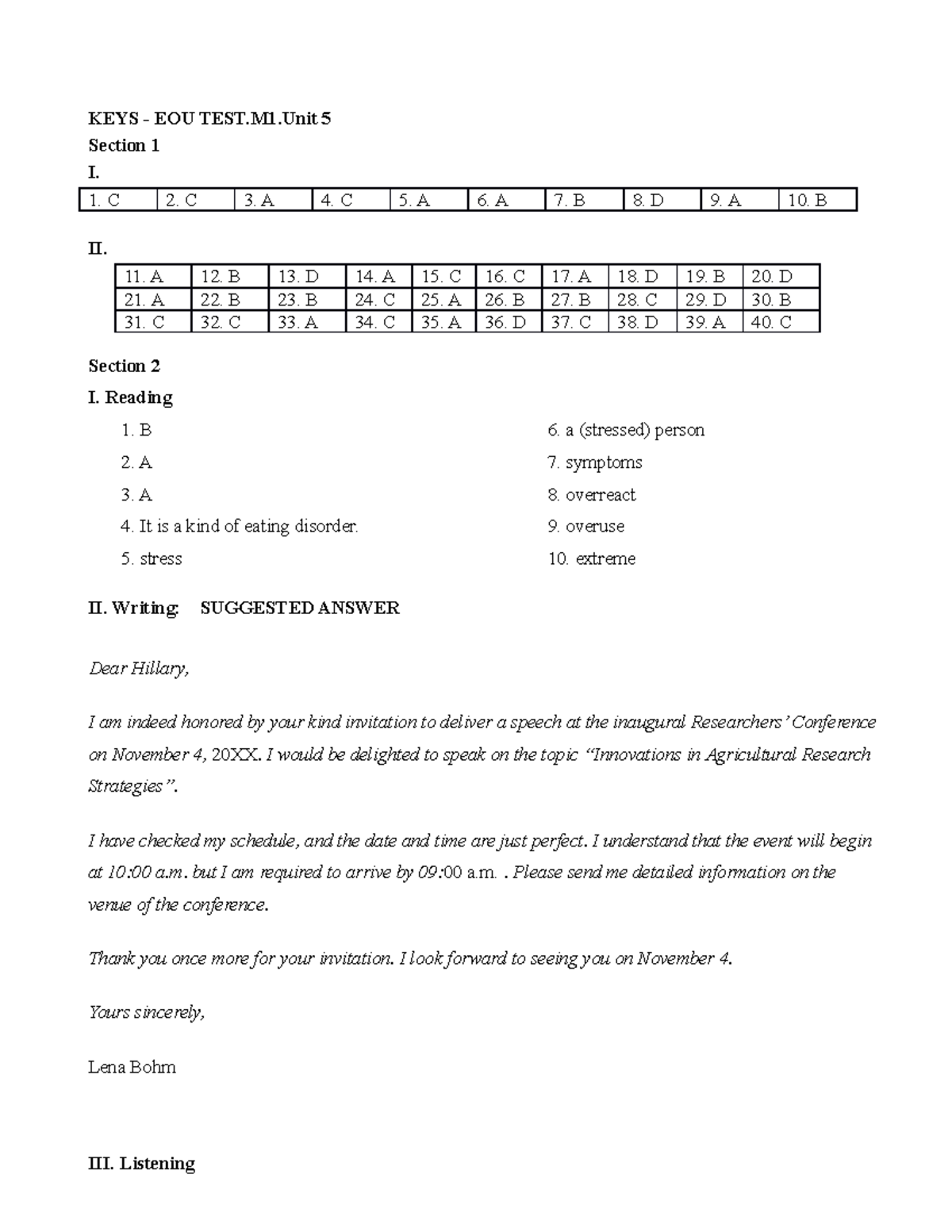 KEYS.EOU. Test 5 - English - KEYS - EOU TEST.M1 5 Section 1 I. C 2. C 3 ...