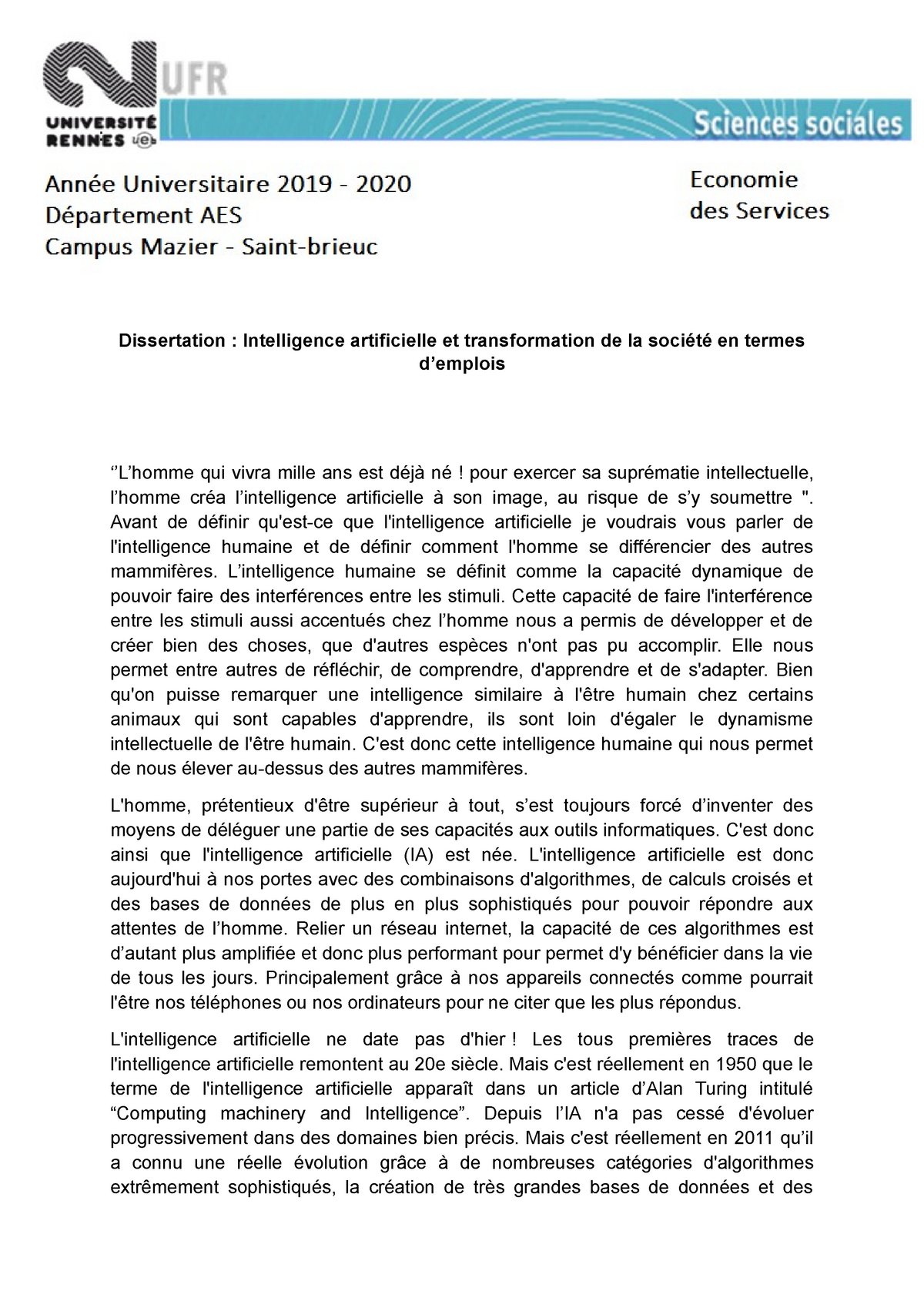 l'intelligence artificielle dissertation