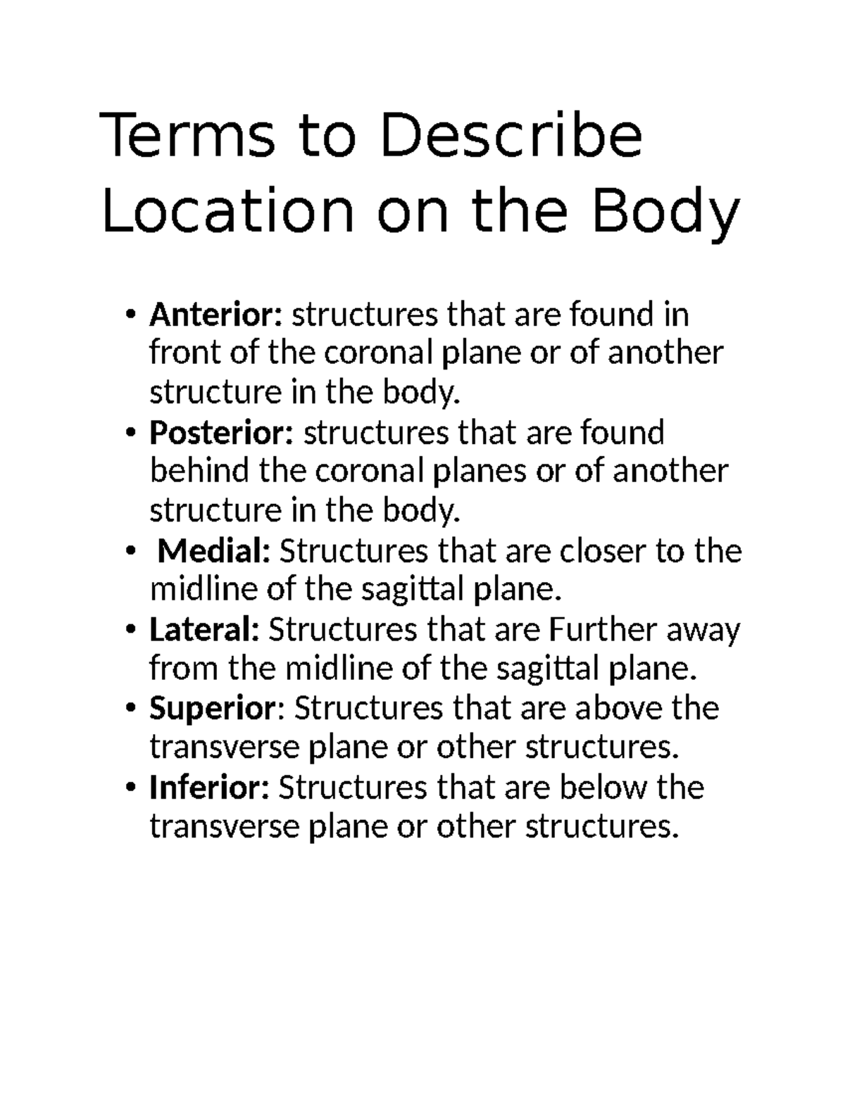 Body location - Summary Enrolled Nursing and Midwifery science - Terms ...
