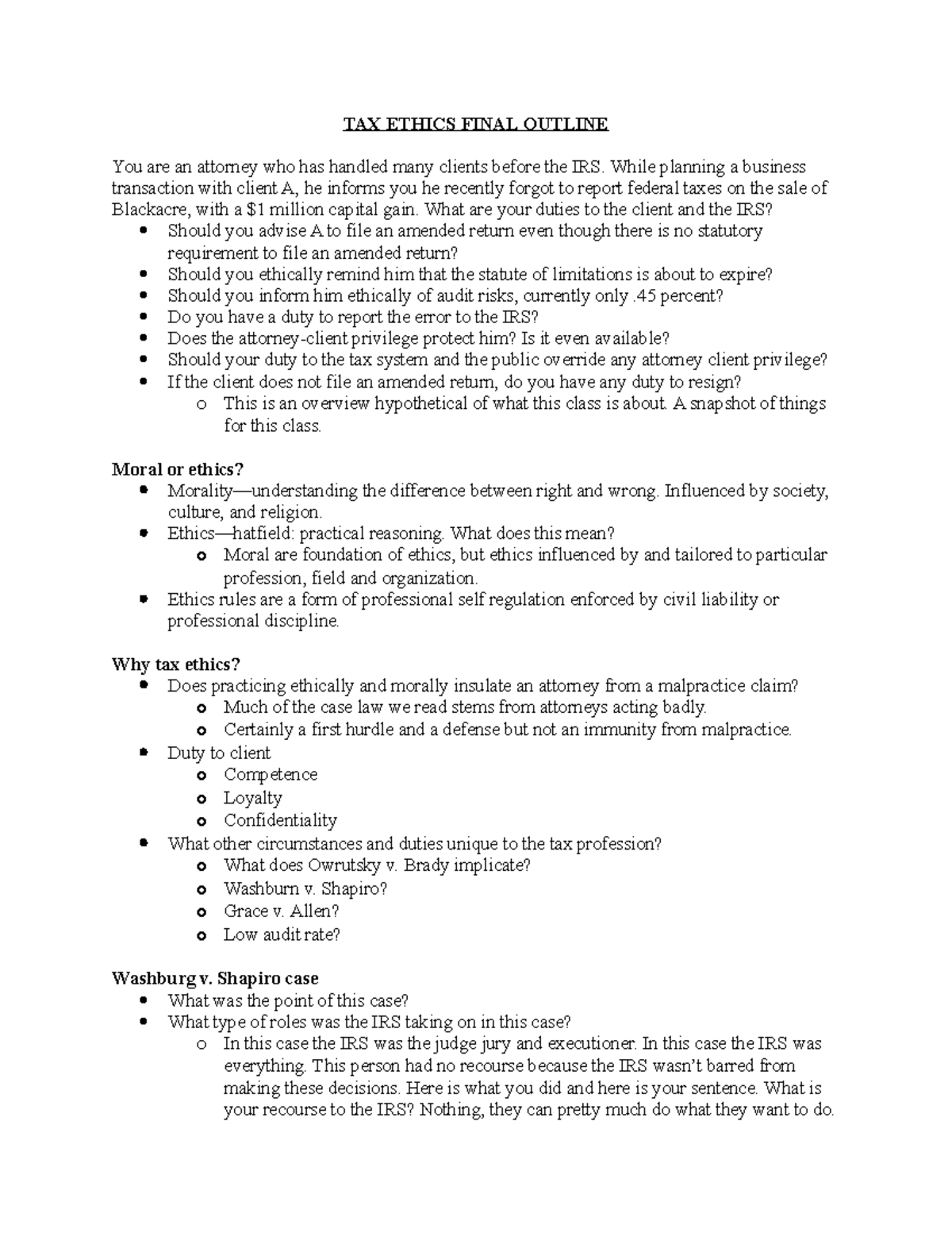 TAX Ethics Final Outline - TAX ETHICS FINAL OUTLINE You are an attorney 