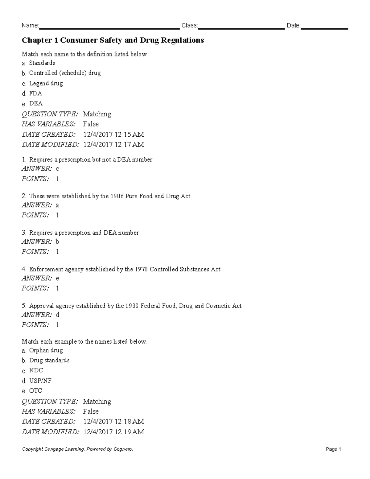 9781337395892 Test Bank Chapter 1 Chapter 1 Consumer Safety and Drug