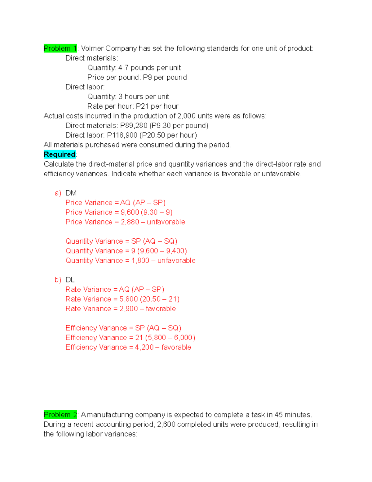 Standard Costs AND Variance Analysis Problems - Problem 1: Volmer ...