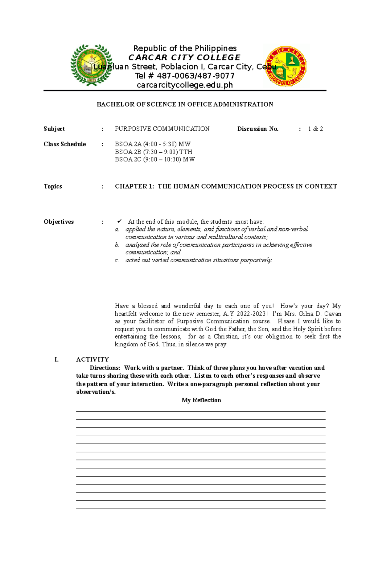 BSOA WK 1 Discussion 1 2 PC Autosaved - Republic of the Philippines ...