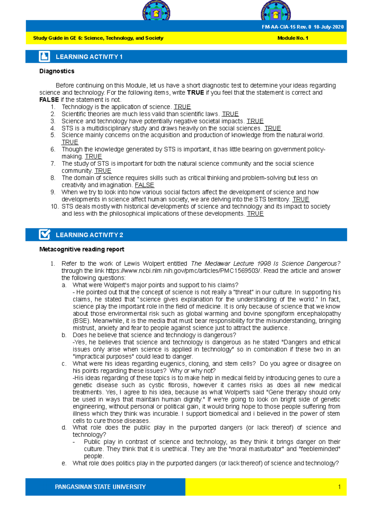 STS Study- Guide-1 - shhh - LEARNING ACTIVITY 1 Diagnostics Before ...