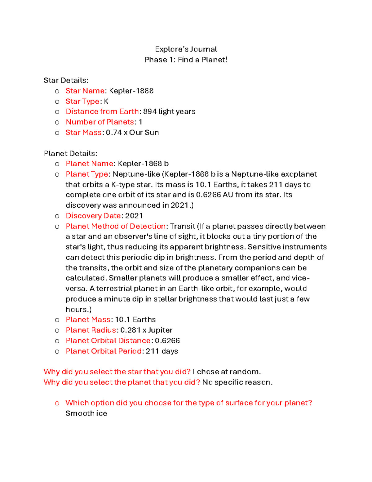 Astro 7N Art Project 3 - Explore’s Journal Phase 1: Find a Planet! Star ...