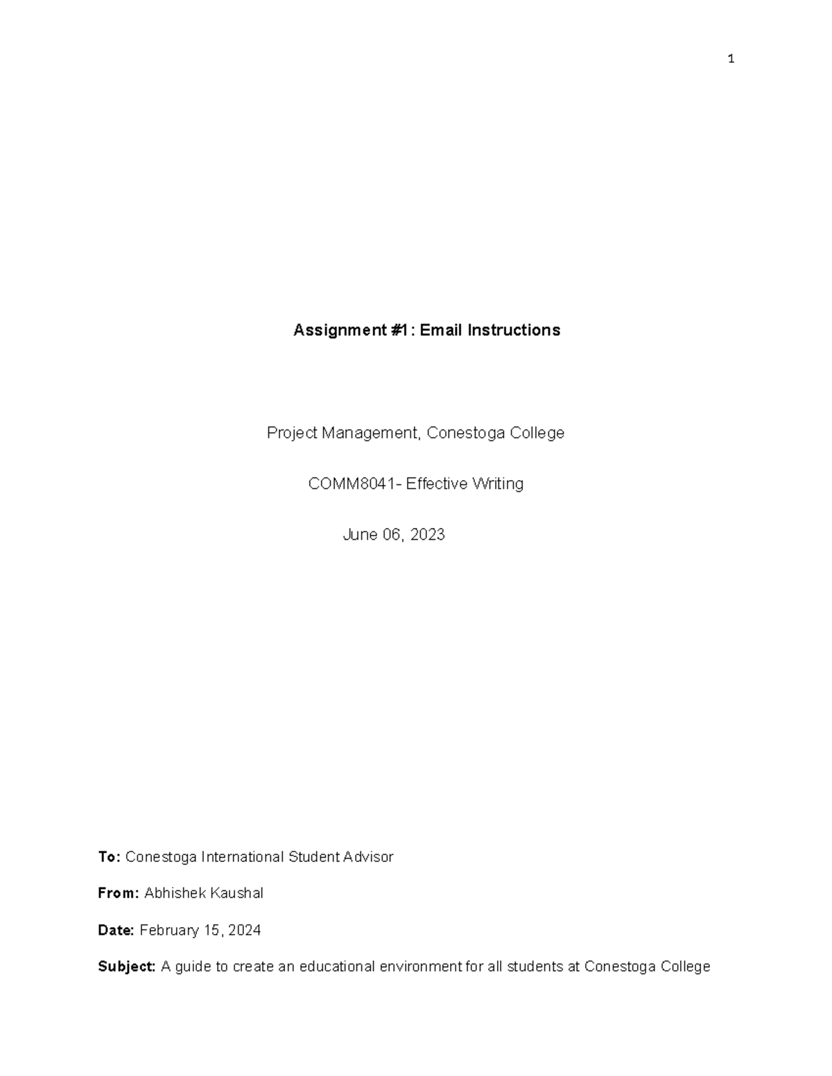 Effective Writing Assignment 1 Email - Assignment #1: Email ...