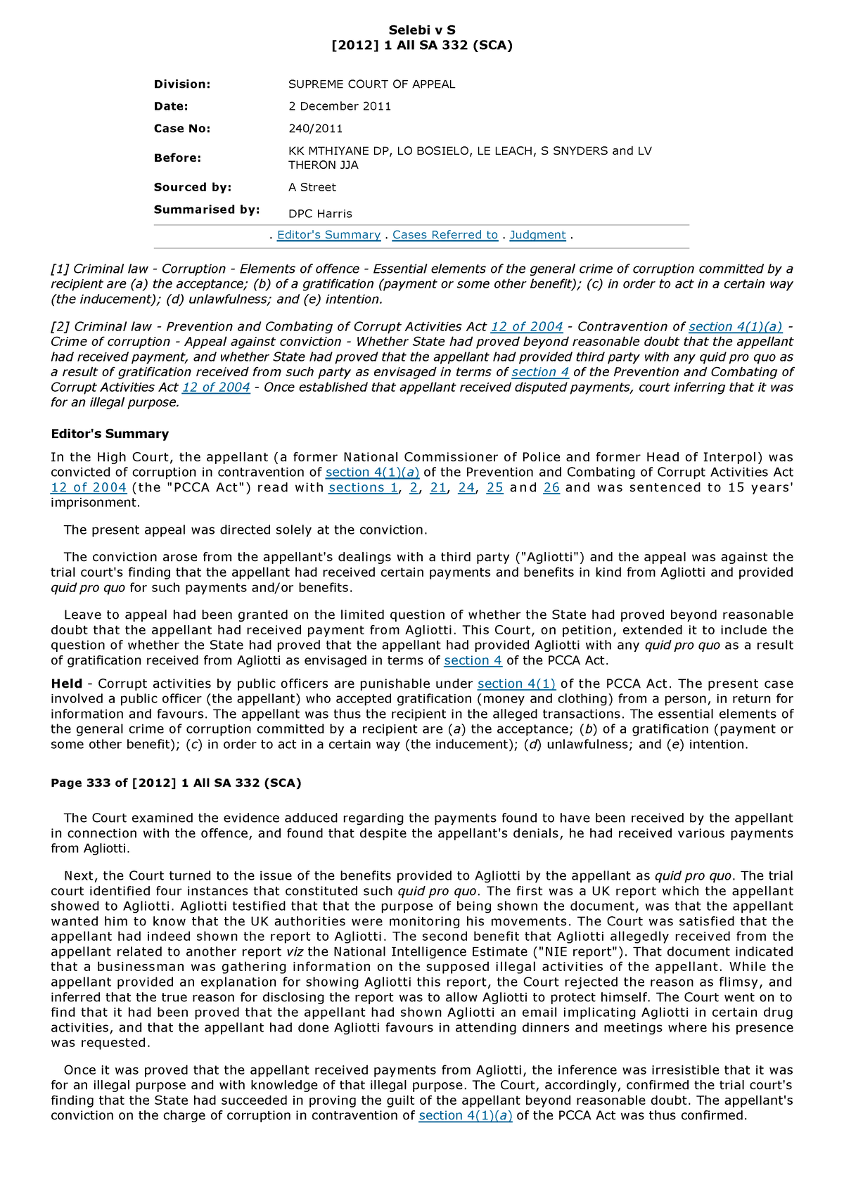 Corruption elements of recipient S v Selebi [2012 ] 1 All SA 332 (SCA ...