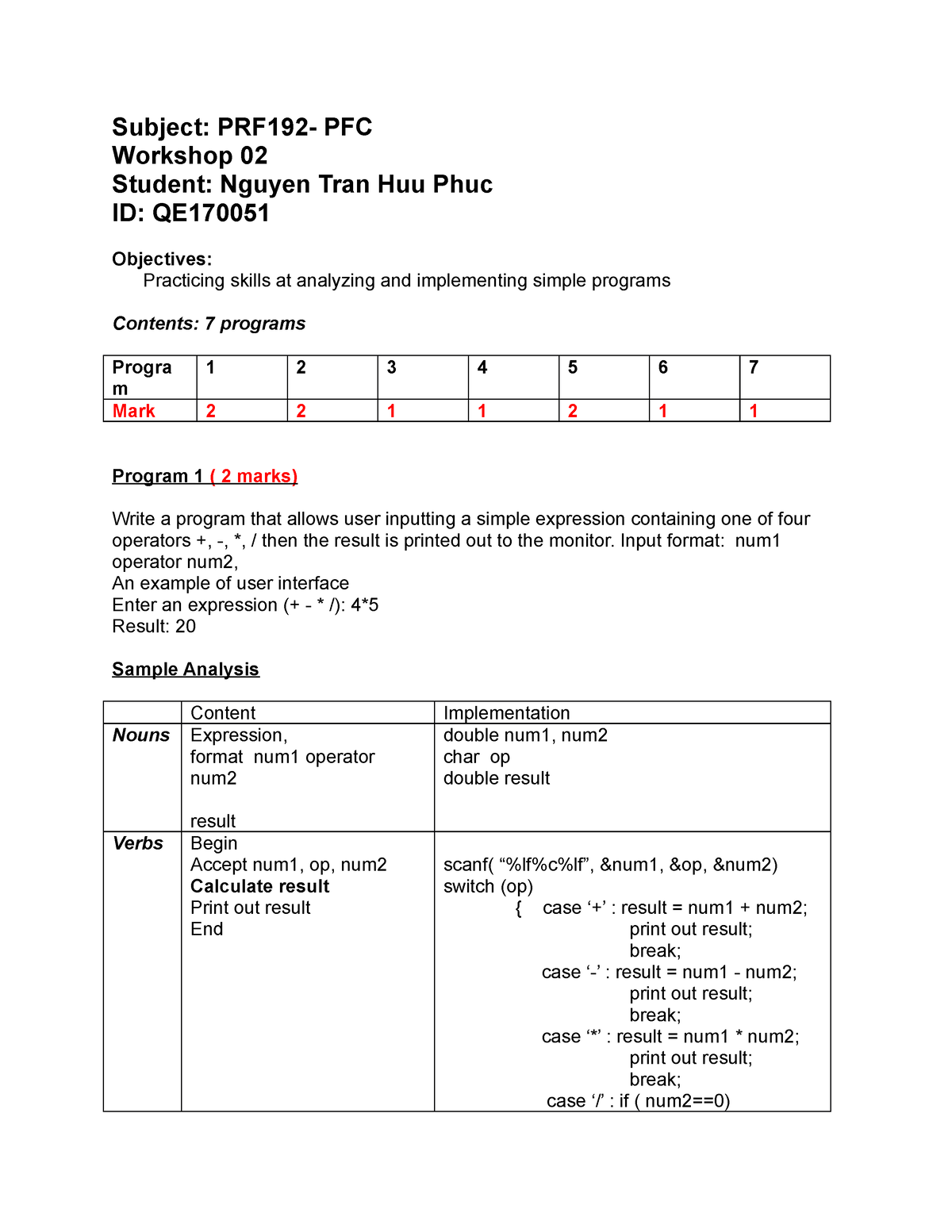 Workshop 02 Nguyentranhuuphucqe 170051 - Subject: PRF192- PFC Workshop ...