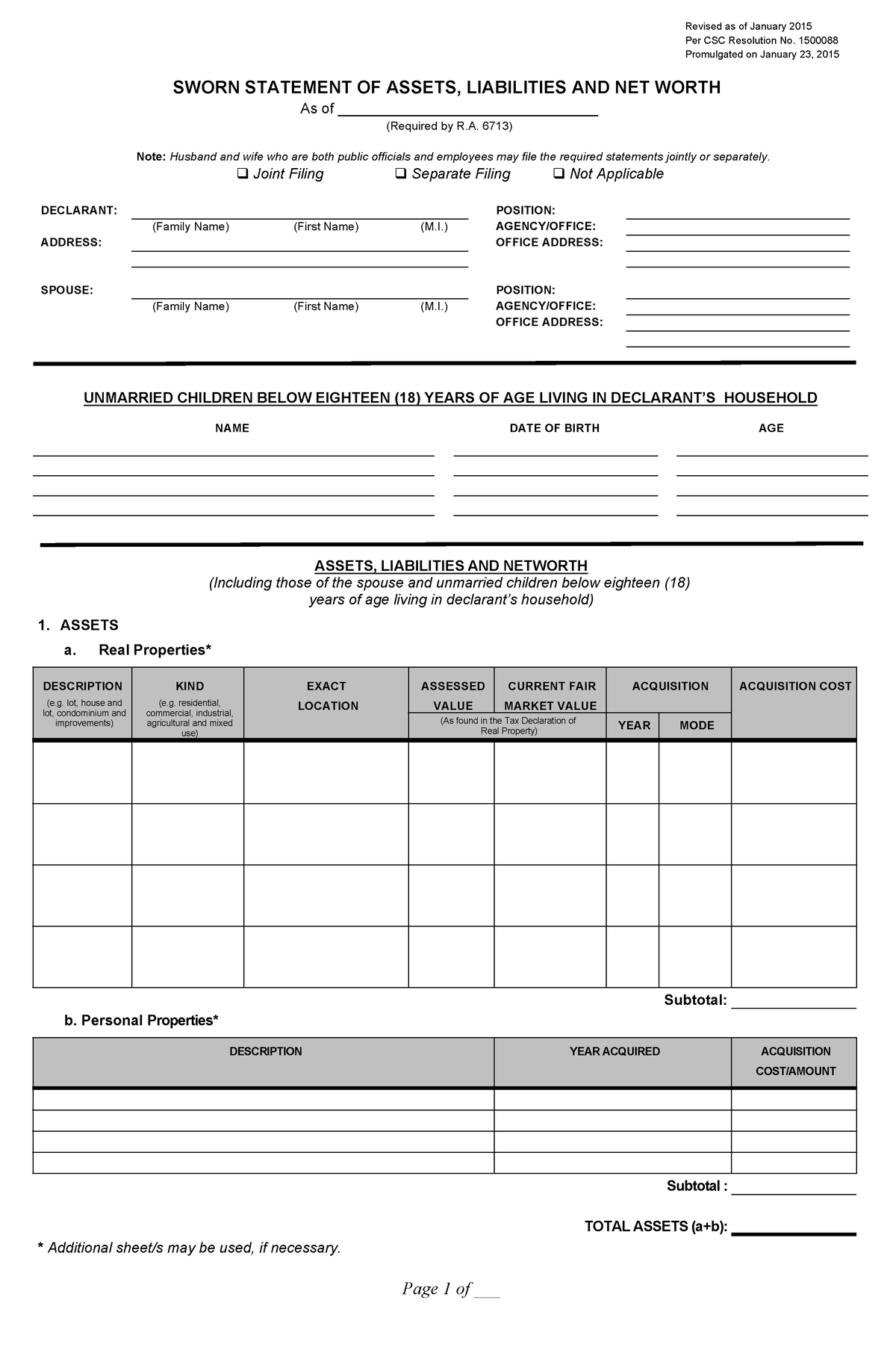 SALN blank form - Page 1 of ___ Revised as of January 2015 Per CSC ...
