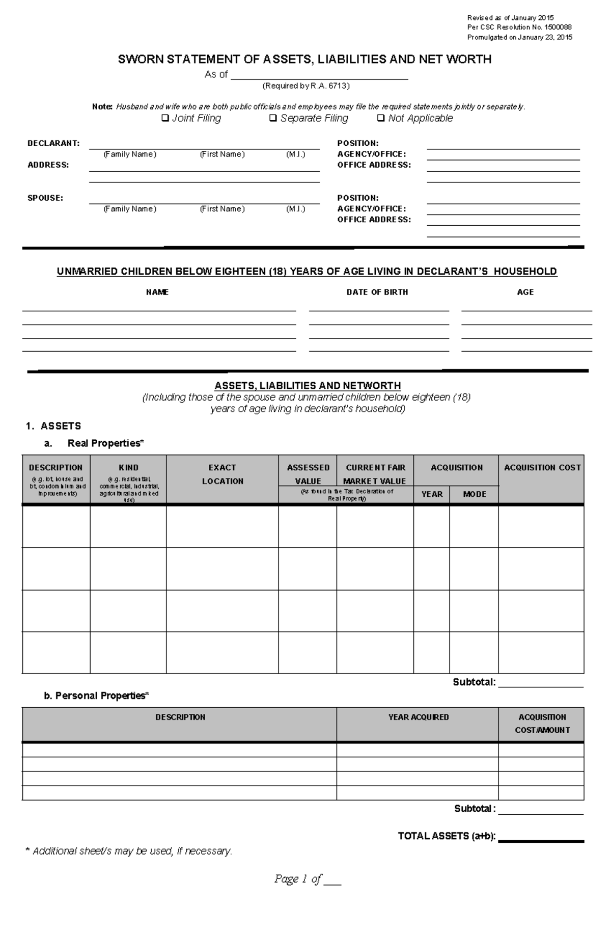 SALN blank form - Page 1 of ___ Revised as of January 2015 Per CSC ...