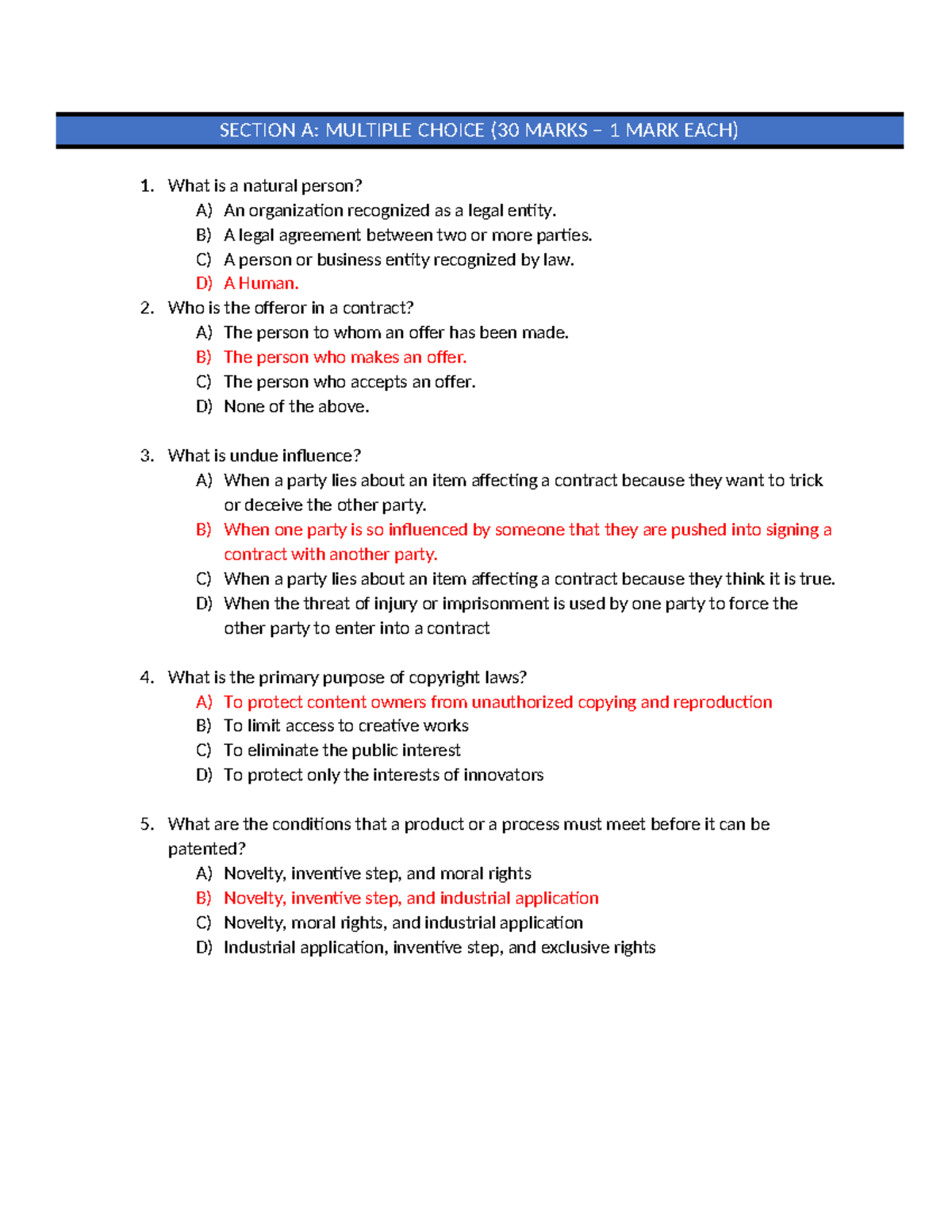 Sample Final Exam W2024 (1) bg - SECTION A: MULTIPLE CHOICE (30 MARKS ...
