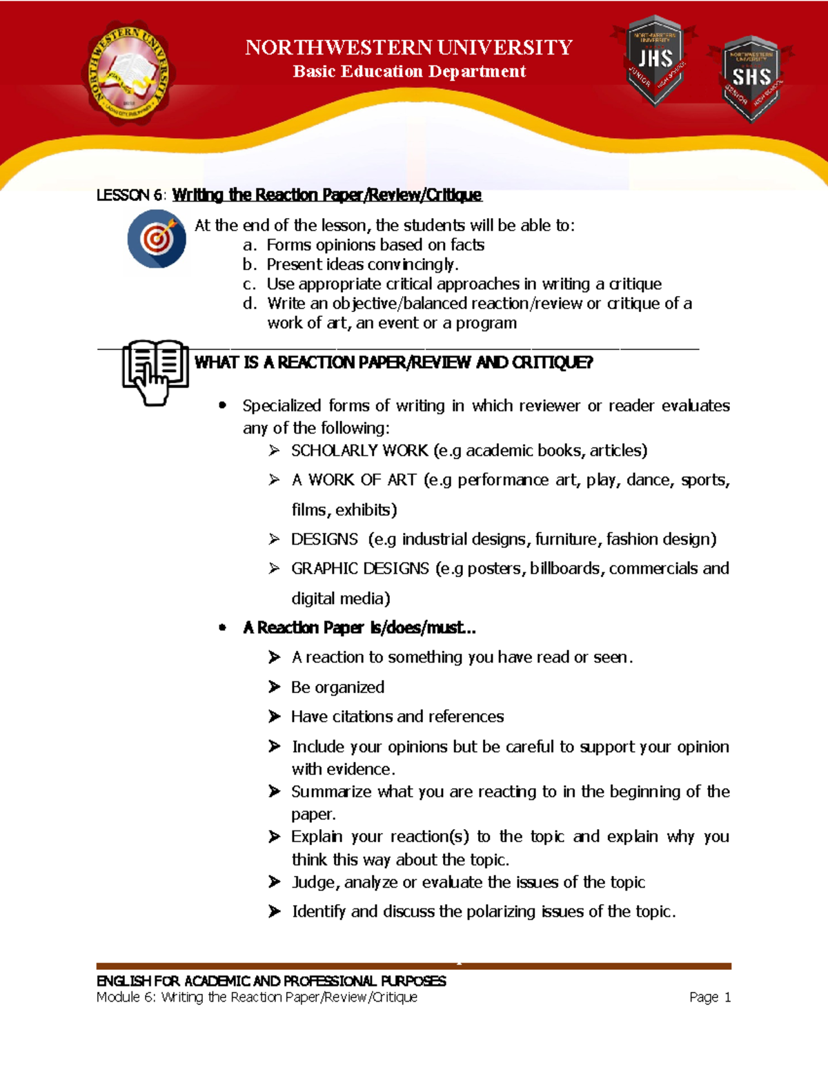 Lesson 6 Reaction Paper Critique Review LESSON 6 Writing The 