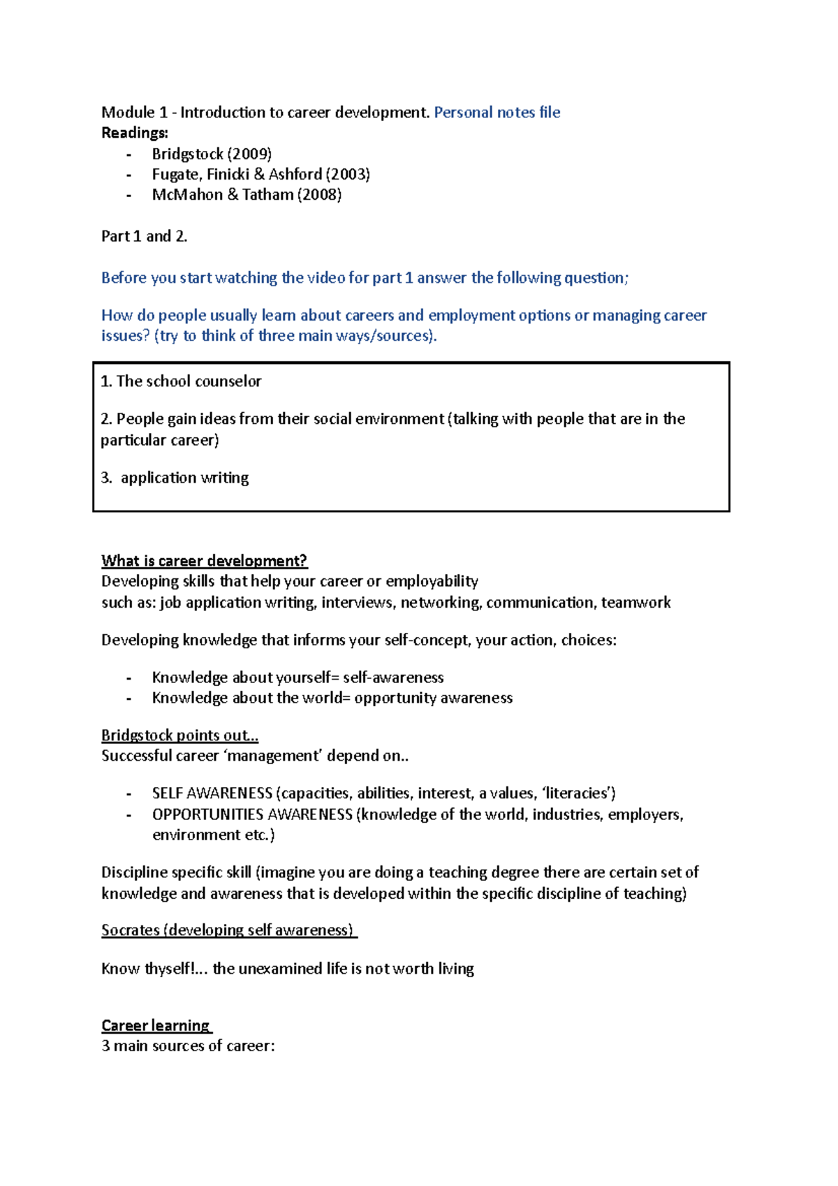 Winter Module 1 notes - Module 1 - Introduction to career development ...