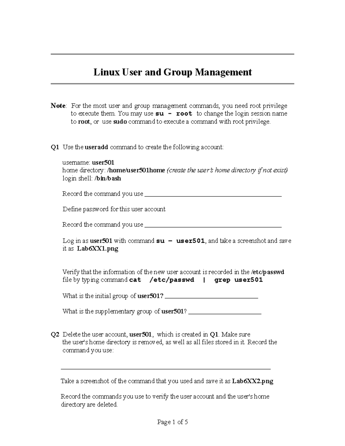 Lab6 practice User management 1 - Page 1 of 5 Linux User and Group ...