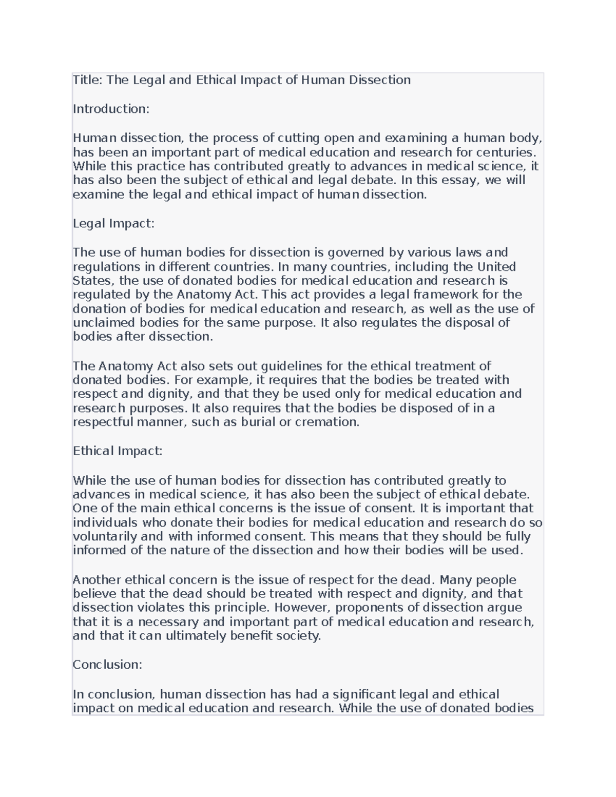 The Legal and Ethical Impact of Human Dissection - Title: The Legal and ...