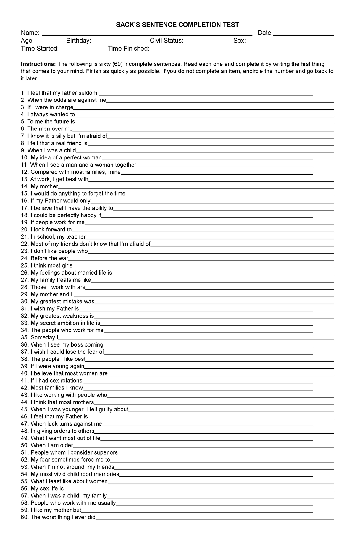 Sacks Sentence Completion Test Answer Key