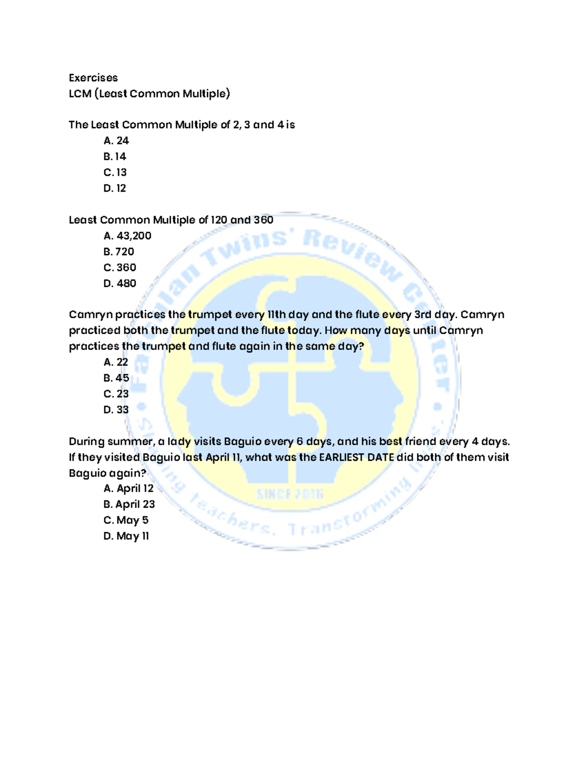 Gen Ed-Math-Exercises - Exercises LCM (Least Common Multiple) The Least ...
